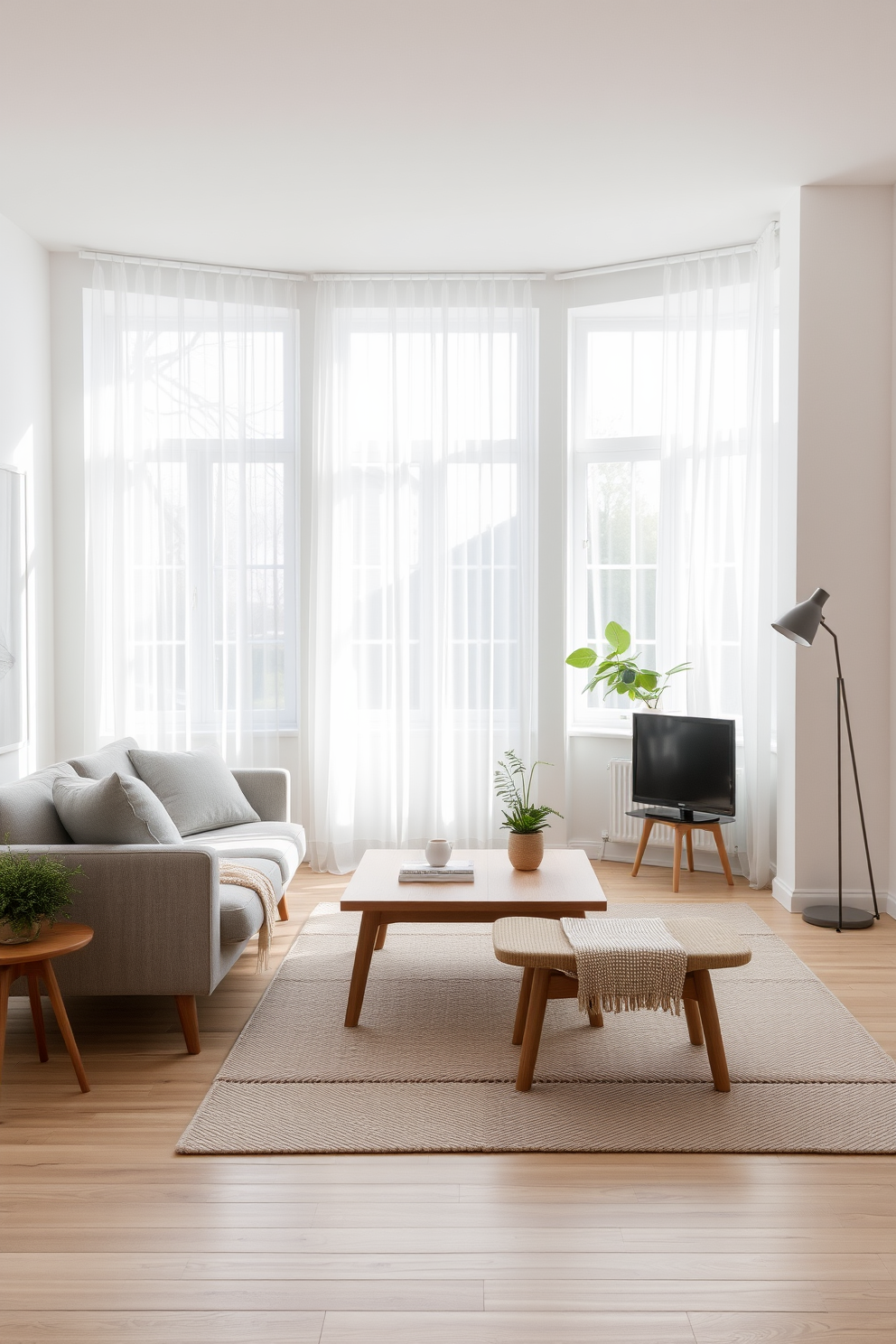 A minimalist Scandinavian living room features a light wood floor and white walls that create an airy atmosphere. The space includes a low-profile sofa in soft gray, paired with a simple wooden coffee table and a cozy, textured throw blanket. Natural light floods in through large windows adorned with sheer curtains, enhancing the room's brightness. A few carefully selected plants add a touch of greenery, while a stylish floor lamp provides warm lighting in the evening.