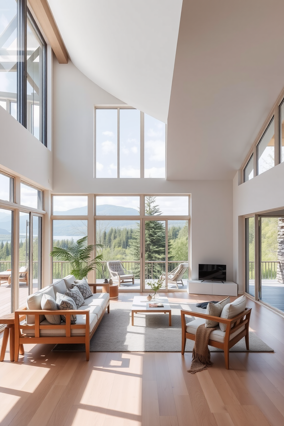 A bright and airy Scandinavian living room featuring large windows that invite abundant natural light and showcase stunning views of the outdoors. The space is adorned with minimalist furniture in light wood, soft textiles, and a neutral color palette that creates a cozy yet sophisticated atmosphere.