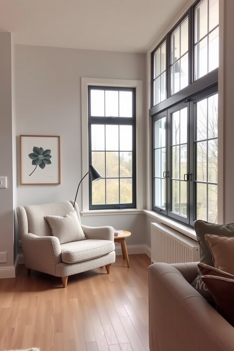 Cozy reading nook with a comfortable chair. The nook features a large window with soft natural light illuminating a plush armchair and a small side table. Scandinavian living room design ideas. The space includes light wood flooring, a neutral color palette, and minimalist furniture with clean lines.