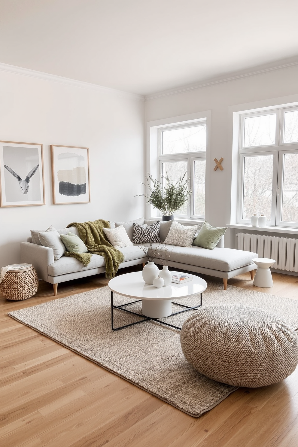 A Scandinavian living room featuring a neutral color palette with soft textures and natural materials. The space includes a comfortable sofa adorned with cozy throws, a minimalist coffee table, and a stylish rug that adds warmth to the hardwood floor. Incorporate abstract art pieces on the walls to create visual interest and enhance the modern aesthetic. Large windows allow natural light to flood the room, highlighting the simplicity and elegance of the Scandinavian design.