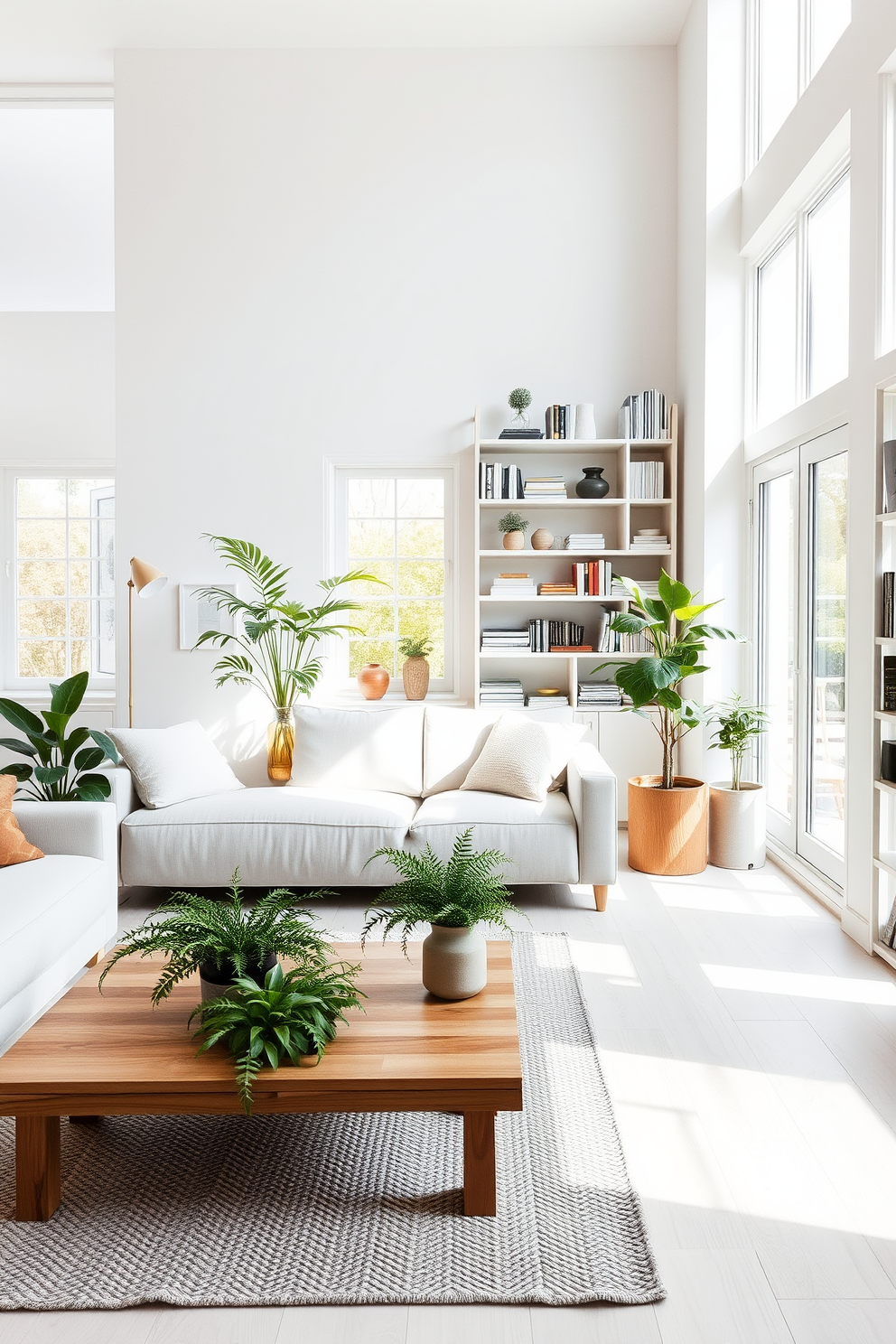 A bright and airy Scandinavian living room with large windows allowing natural light to flood the space. The room features a cozy sofa in soft neutral tones, complemented by a textured area rug and a wooden coffee table adorned with green plants for a fresh feel. In one corner, a tall potted plant adds a touch of nature, while shelves filled with books and decorative items enhance the minimalist aesthetic. The walls are painted in a light pastel color, and the overall decor emphasizes simplicity and functionality, creating a serene and inviting atmosphere.