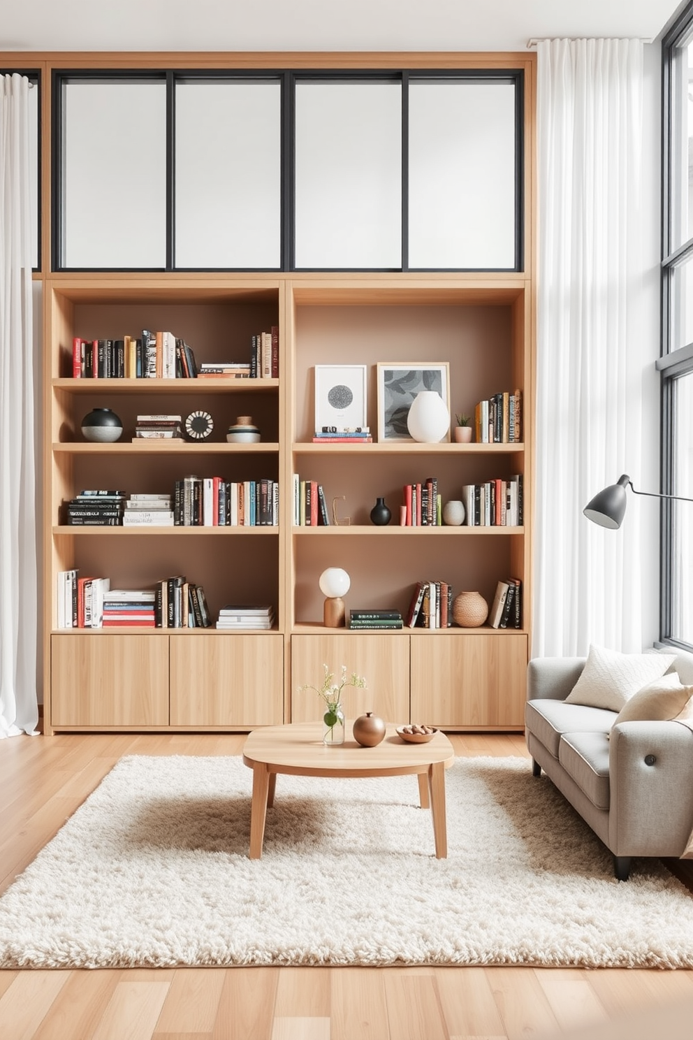 A cozy Scandinavian living room featuring simple shelving designed for books and decor. The shelves are made of light wood, neatly arranged with a mix of colorful books and stylish decorative items. The room is filled with natural light, thanks to large windows adorned with sheer white curtains. A plush area rug in neutral tones anchors the space, complemented by a comfortable sofa and minimalistic coffee table.