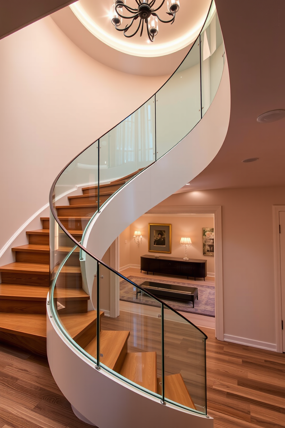 A stunning spiral staircase with a sleek glass railing gracefully curves upward. The staircase features a polished wood tread that complements the modern aesthetic of the surrounding space. The second floor staircase design includes an elegant blend of contemporary and classic elements. Soft ambient lighting highlights the architectural details, creating a warm and inviting atmosphere.