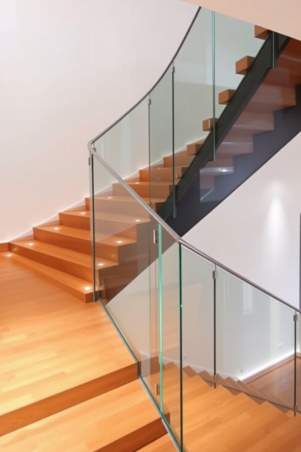 A contemporary staircase featuring sleek glass panels that create an open and airy feel. The steps are made of polished wood, providing a warm contrast to the transparent railings. The second floor staircase design incorporates minimalist elements, with clean lines and a modern aesthetic. Soft lighting is integrated into the staircase to enhance the overall ambiance and highlight the architectural features.