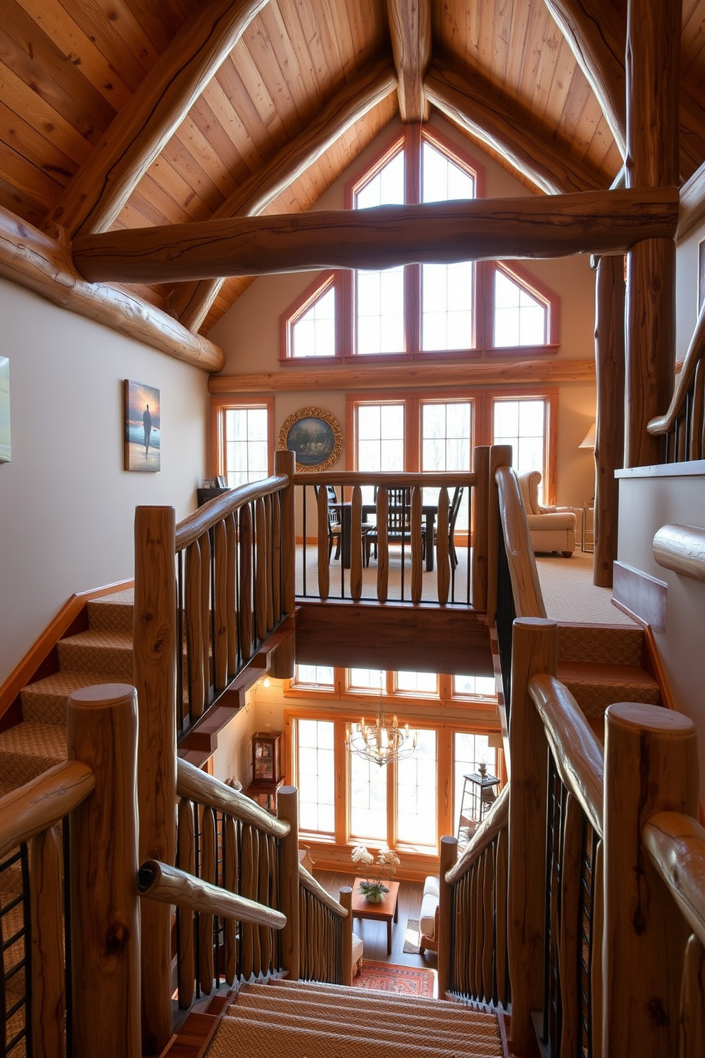 A rustic staircase design features log accents that create a warm and inviting atmosphere. The handrails are crafted from natural wood, complementing the exposed beams overhead and enhancing the cabin-like feel. On the second floor, the staircase opens up to a cozy landing area adorned with soft lighting and rustic decor. Large windows allow natural light to flood the space, showcasing the beautiful woodwork and surrounding views.