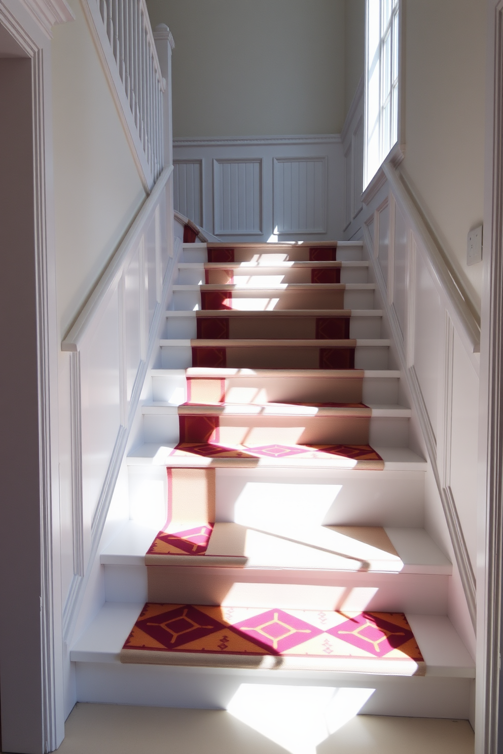 A white painted staircase features a bold runner design that adds a striking contrast to the clean lines of the steps. The runner showcases a geometric pattern in vibrant colors, drawing the eye upward and creating a sense of movement. The staircase is flanked by elegant white wainscoting that enhances the overall brightness of the space. Natural light floods in through a nearby window, casting beautiful shadows on the runner and highlighting the staircase's architectural details.