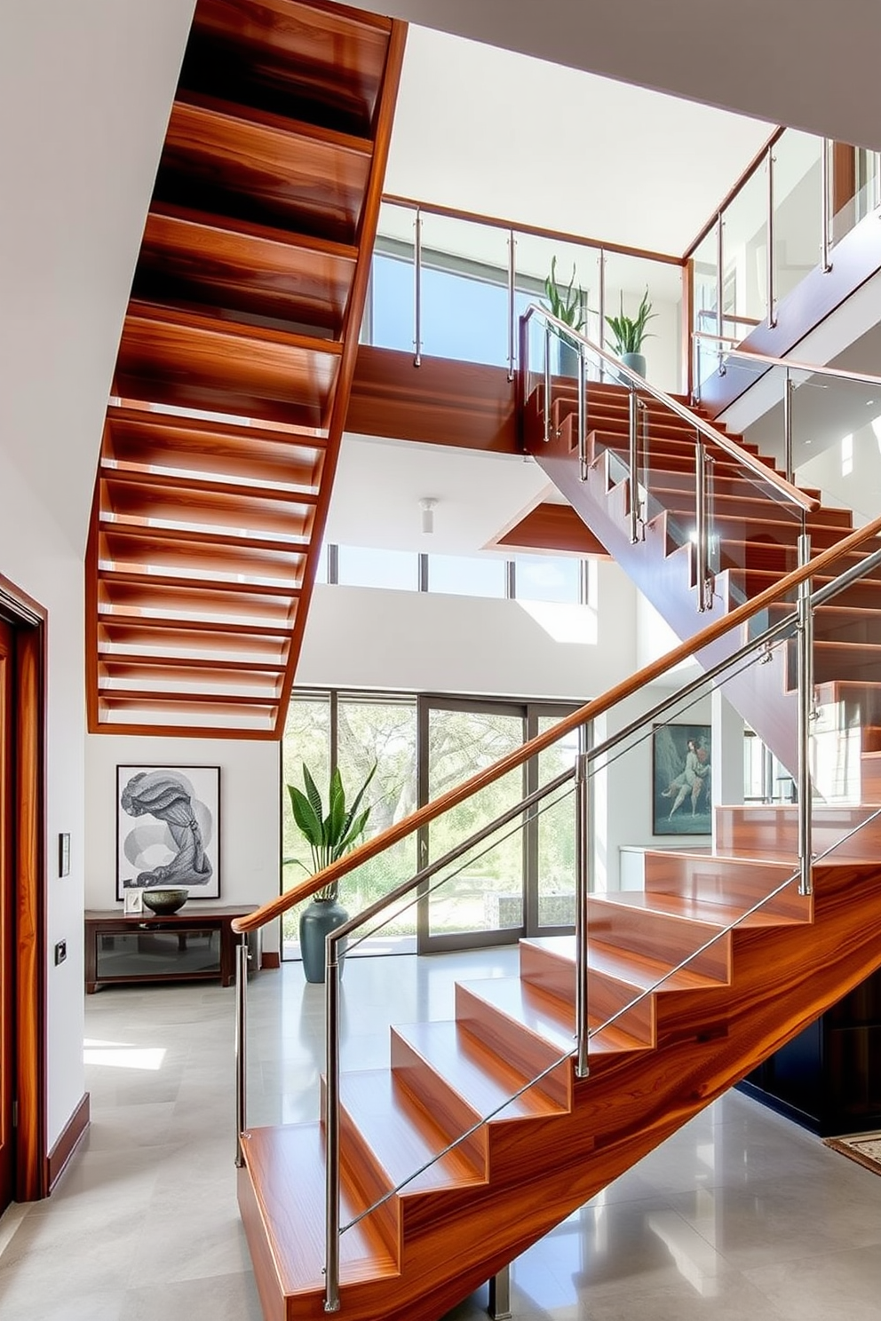 A stunning geometric staircase features a series of interlocking shapes that create a visually striking focal point in the entryway. The staircase is crafted from a combination of polished wood and glass, allowing natural light to filter through and illuminate the unique design. On the second floor, the staircase design continues with sleek lines and a contemporary railing that complements the overall aesthetic. The open space around the staircase showcases modern artwork and plants, enhancing the elegance of the interior.