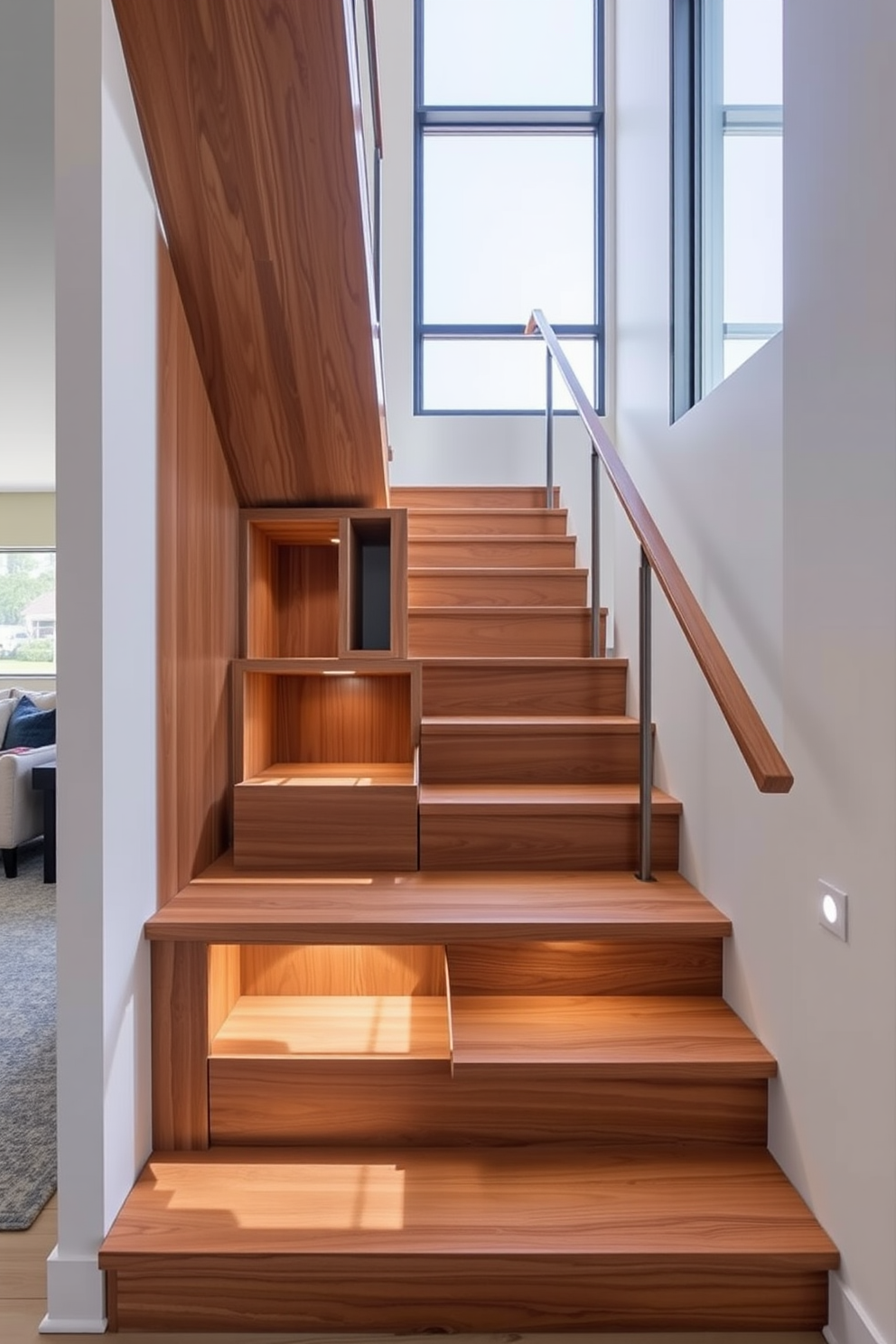 A modern staircase design featuring built-in storage solutions seamlessly integrated into the steps. The storage compartments are crafted from sleek wood, complementing the open risers that create a sense of spaciousness. The staircase is illuminated by natural light from a large window, enhancing the warm tones of the wood. A minimalist railing adds to the contemporary aesthetic while ensuring safety and functionality.