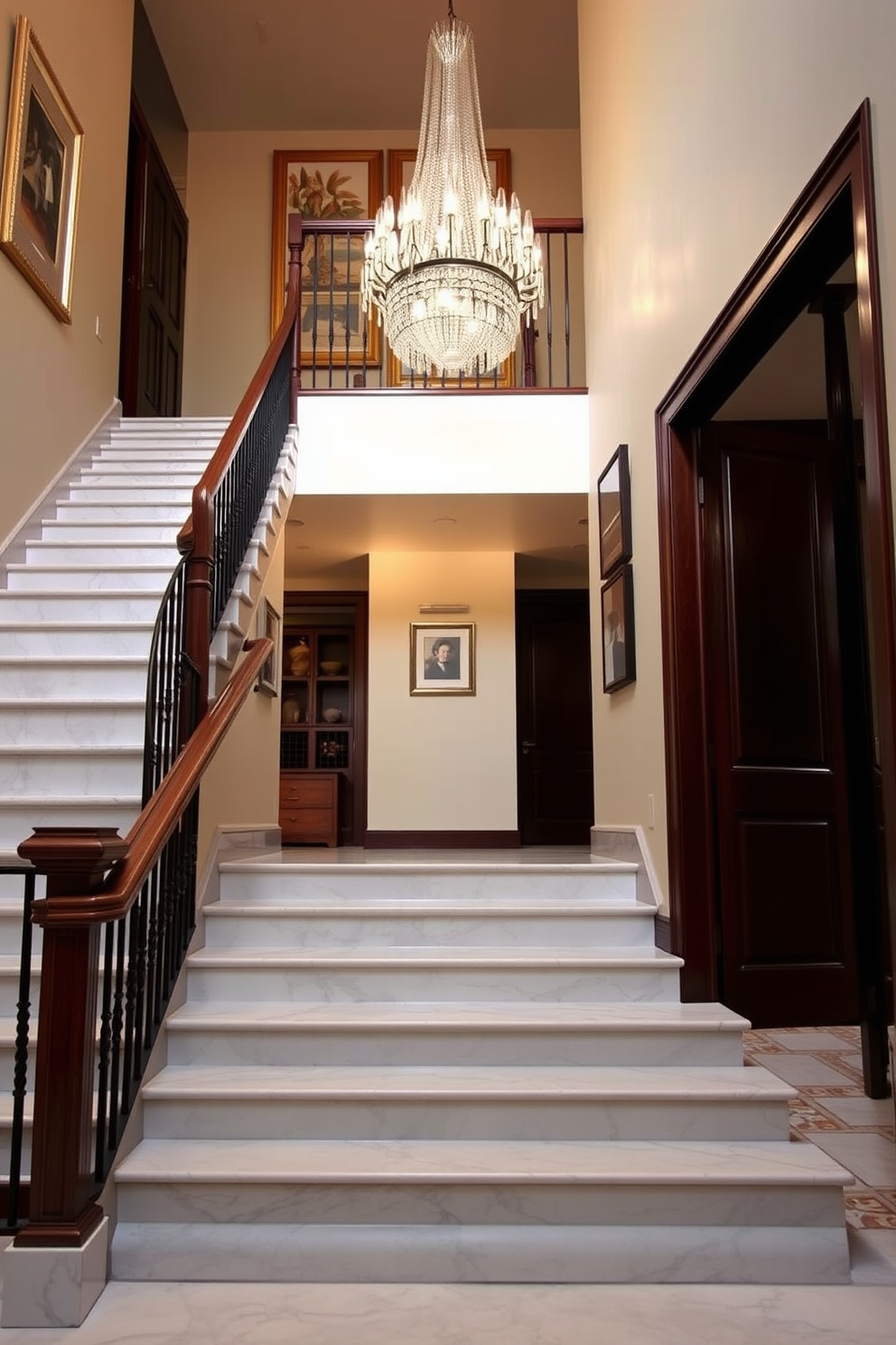 An elegant staircase with marble steps flows gracefully from the ground floor to the second floor. The handrail is crafted from polished wood, complementing the sleek marble finish and enhancing the overall sophistication of the space. For the second-floor staircase design, consider incorporating a stunning chandelier that hangs above the landing. The walls are adorned with tasteful artwork, creating a gallery-like atmosphere that draws the eye upward.