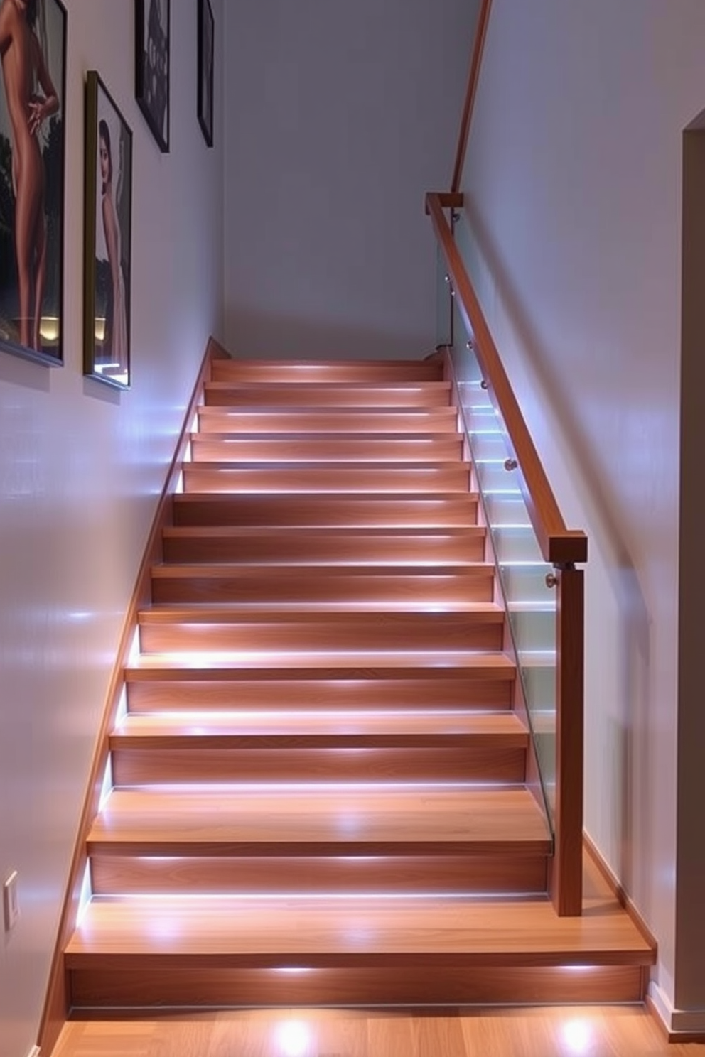 A modern staircase featuring integrated lighting fixtures that illuminate each step. The staircase is crafted from sleek wood with a minimalist handrail, creating a seamless flow in the space. The lighting is strategically placed beneath the treads, casting a warm glow that enhances the ambiance. The walls surrounding the staircase are adorned with contemporary artwork, adding a touch of elegance to the design.