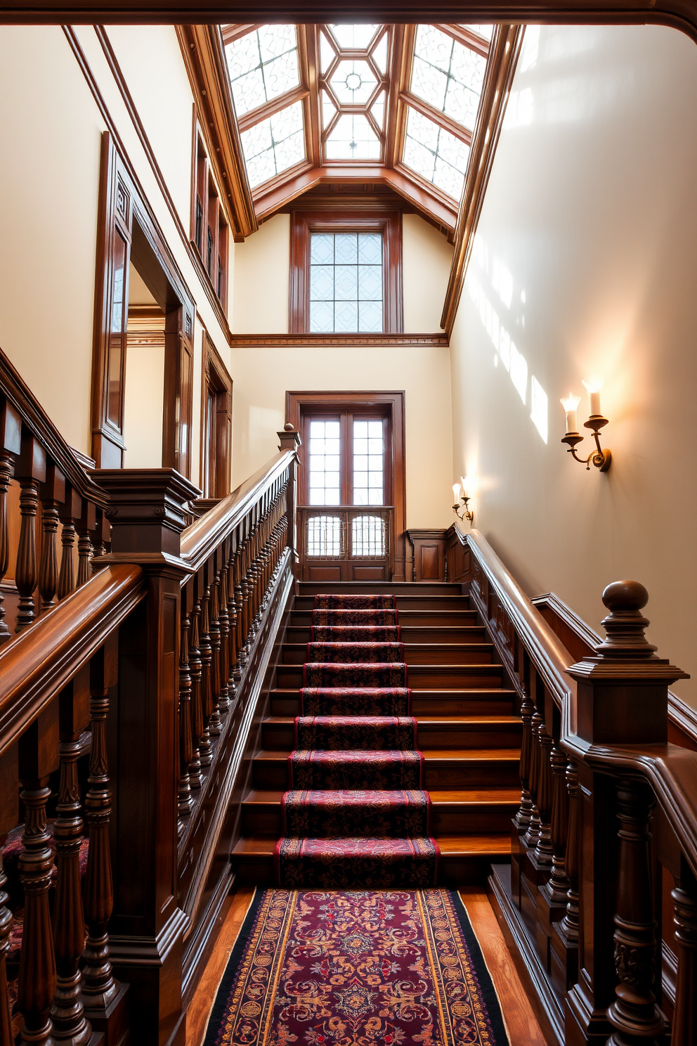 A grand Victorian staircase features intricate carvings along the balustrades and newel posts, showcasing the craftsmanship of the era. The rich wooden tones are complemented by an ornate runner that adds a touch of elegance to the ascent. On the second floor, the staircase design incorporates a stunning skylight that floods the space with natural light. Elegant wall sconces illuminate the path, highlighting the detailed woodwork and creating a warm, inviting atmosphere.