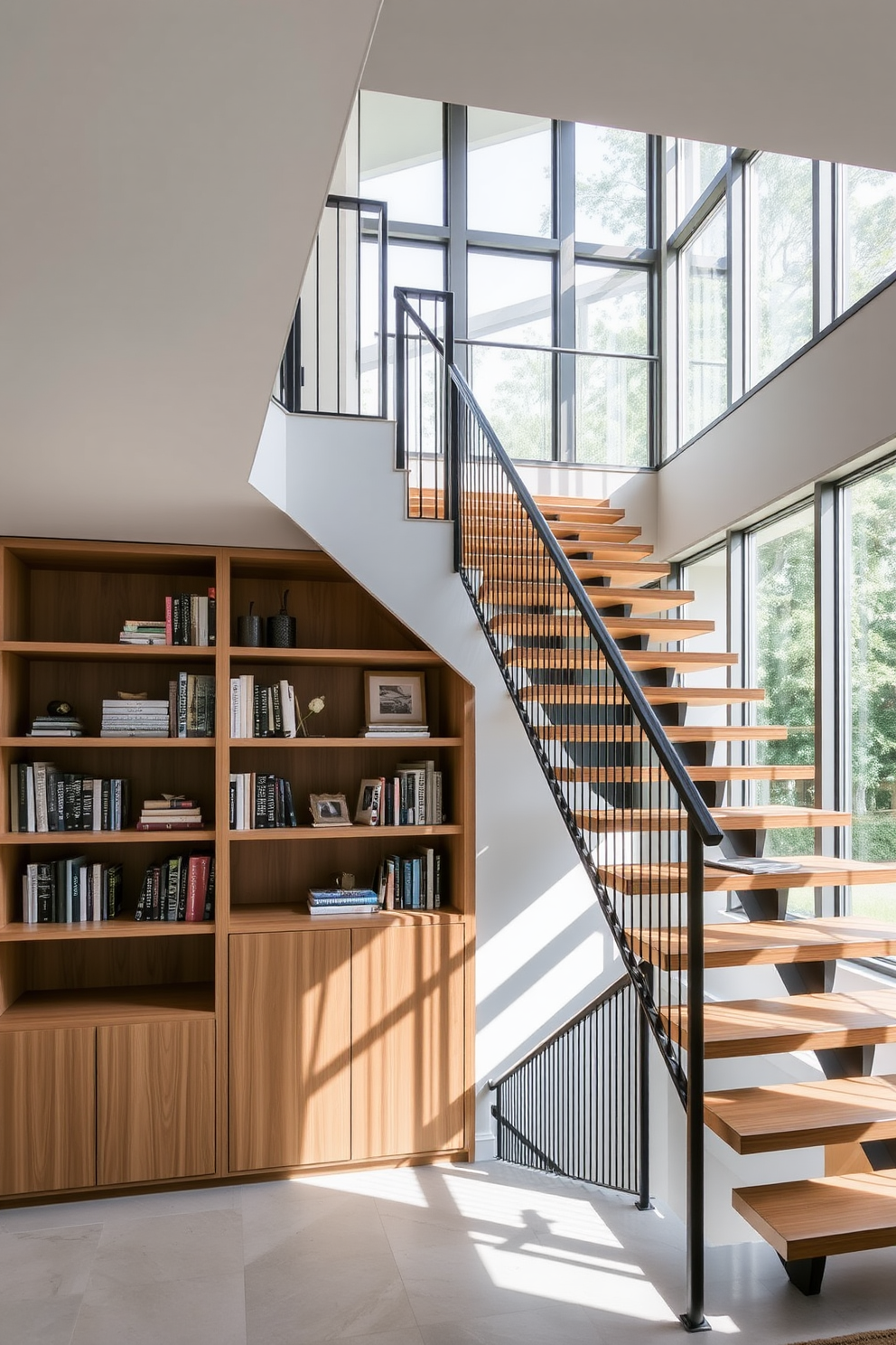 A modern staircase design with open shelving underneath. The shelves are filled with books and decorative items, while the staircase features sleek wooden steps and a minimalist railing. The second floor staircase has a striking design with a floating effect. Natural light floods the space through large windows, highlighting the elegant materials used in the construction.