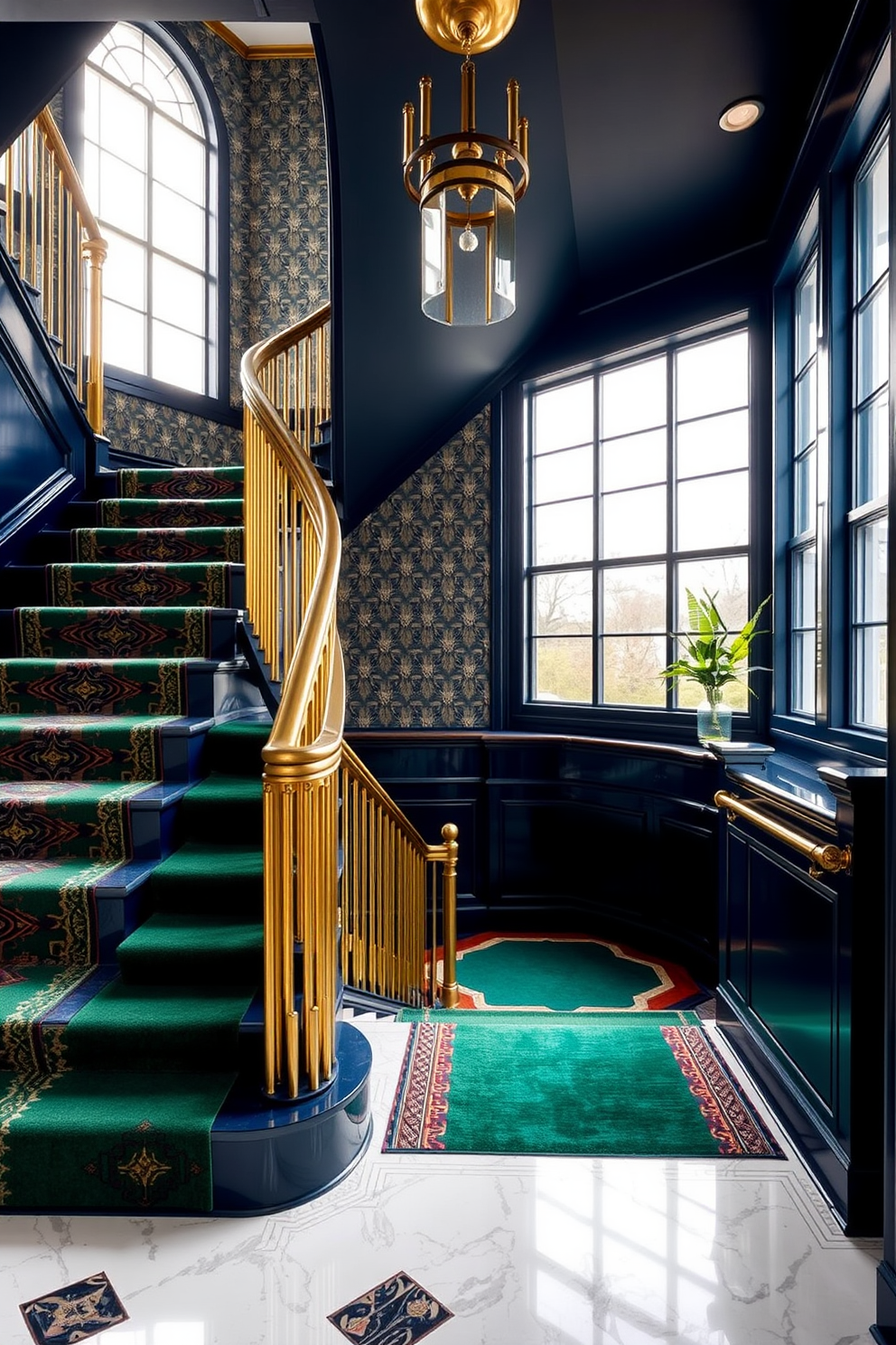 Art deco staircase featuring bold colors and geometric patterns. The staircase is adorned with a rich emerald green runner, complemented by brass railings and intricate detailing on the steps. Second floor staircase design with a striking blend of deep navy and gold accents. Large windows allow natural light to illuminate the space, highlighting the luxurious materials and sophisticated finishes.