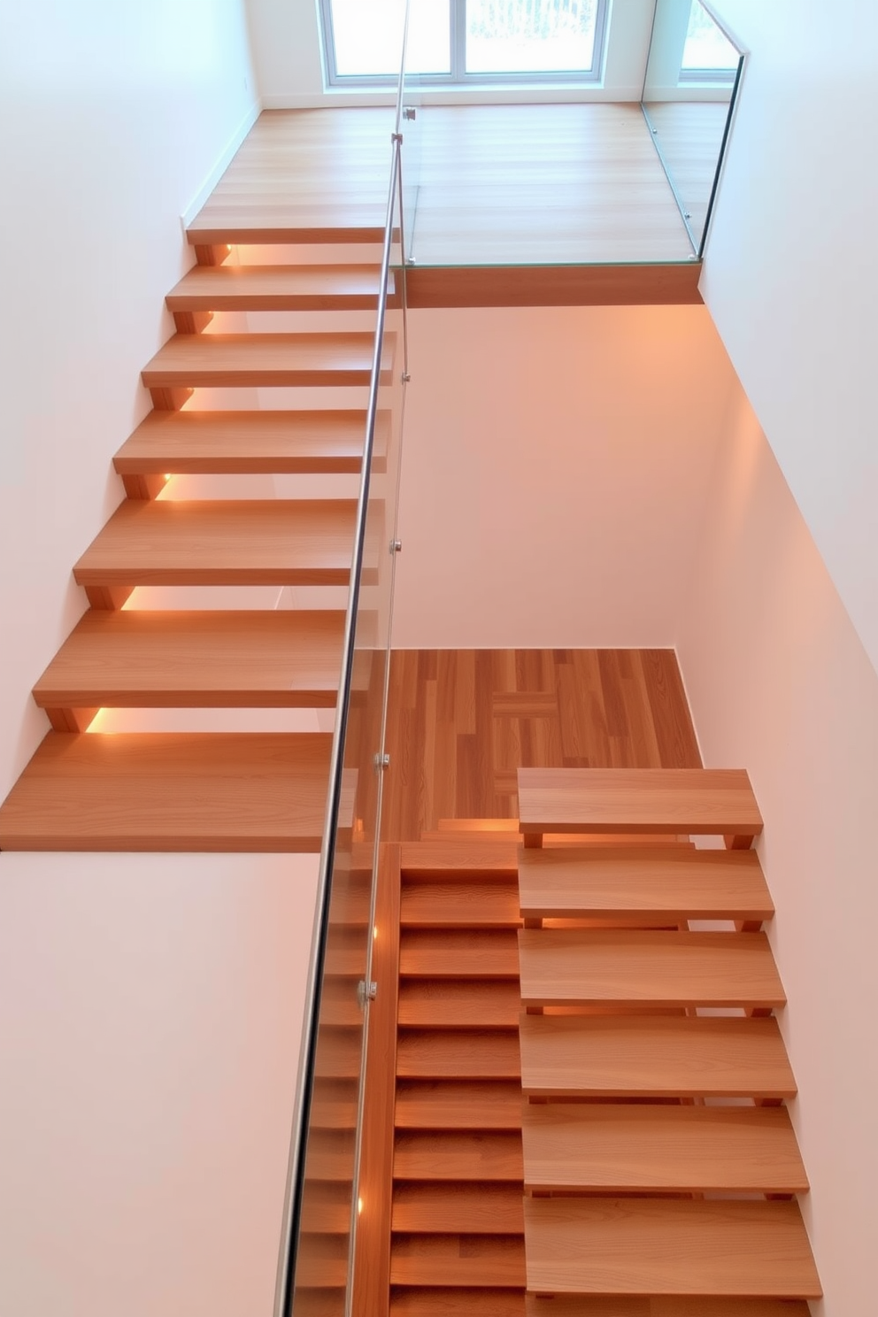 A stunning floating staircase features sleek wooden treads that create a seamless transition between floors. The open risers allow light to flow freely, enhancing the airy feel of the space. The second floor staircase design incorporates a modern railing made of glass and metal, providing safety while maintaining a minimalist aesthetic. Warm lighting illuminates the staircase, highlighting the natural grain of the wood and creating an inviting atmosphere.