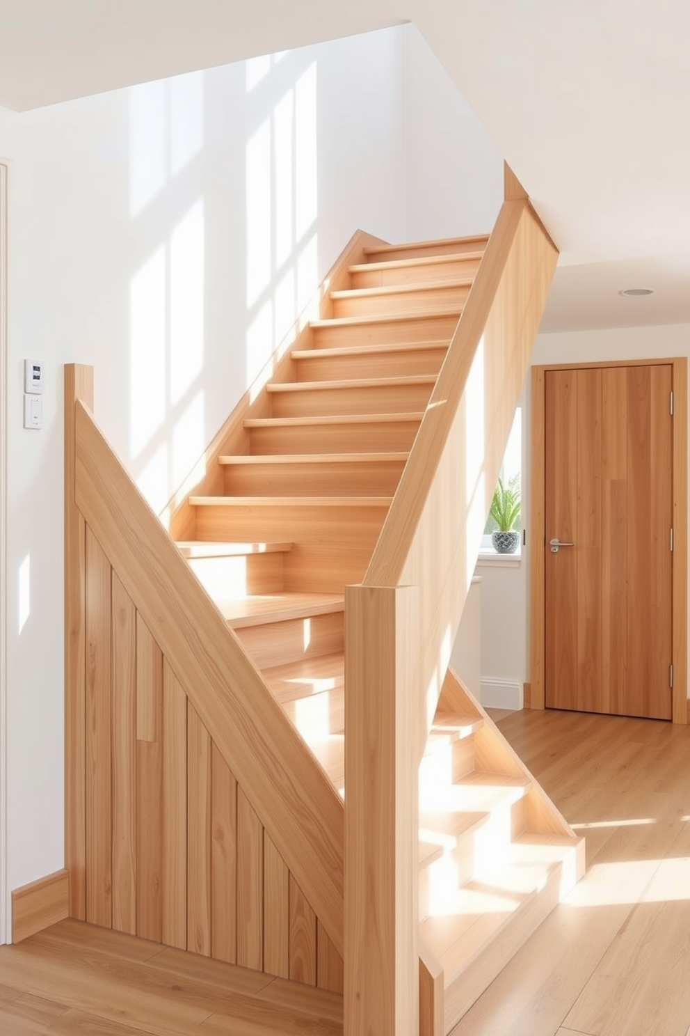 A Scandinavian staircase with a light wood finish features clean lines and minimalist design. The stairs are complemented by a simple railing that enhances the airy feel of the space. For the second floor staircase design ideas, consider incorporating open risers to create a sense of openness. Use natural light to highlight the beauty of the wood finish and enhance the overall aesthetic.