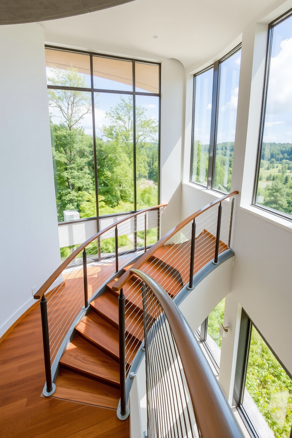 A stunning staircase design featuring a panoramic window that allows natural light to flood the space. The view from the window showcases lush greenery and a serene landscape, enhancing the overall ambiance of the home. The staircase itself is elegantly crafted with a combination of wood and metal elements. The banister features sleek lines and a modern finish, while the treads are made of rich hardwood, providing a warm contrast to the airy openness of the design.