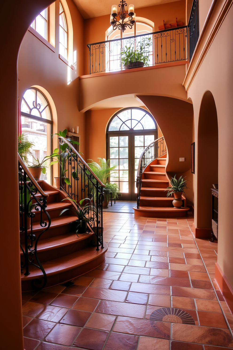 A stunning Mediterranean staircase featuring terracotta tiles that beautifully complement the warm earthy tones of the surrounding walls. The staircase is adorned with intricate wrought iron railings and overlooks a sunlit foyer filled with potted plants. The second floor staircase design incorporates a graceful curve, leading up to a spacious landing area. Soft natural light filters through large windows, highlighting the rich textures of the terracotta tiles and creating an inviting atmosphere.