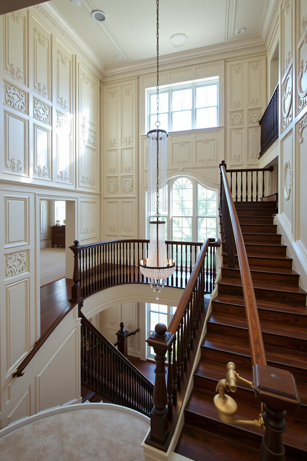 A grand staircase featuring intricate decorative wall paneling that adds elegance and sophistication to the space. The paneling is painted in a soft cream color, complementing the rich wooden staircase with ornate balusters and a polished handrail. The second floor staircase design includes a spacious landing adorned with a stunning chandelier that cascades downwards. Natural light floods the area through large windows, highlighting the exquisite craftsmanship of the staircase and the decorative wall paneling.