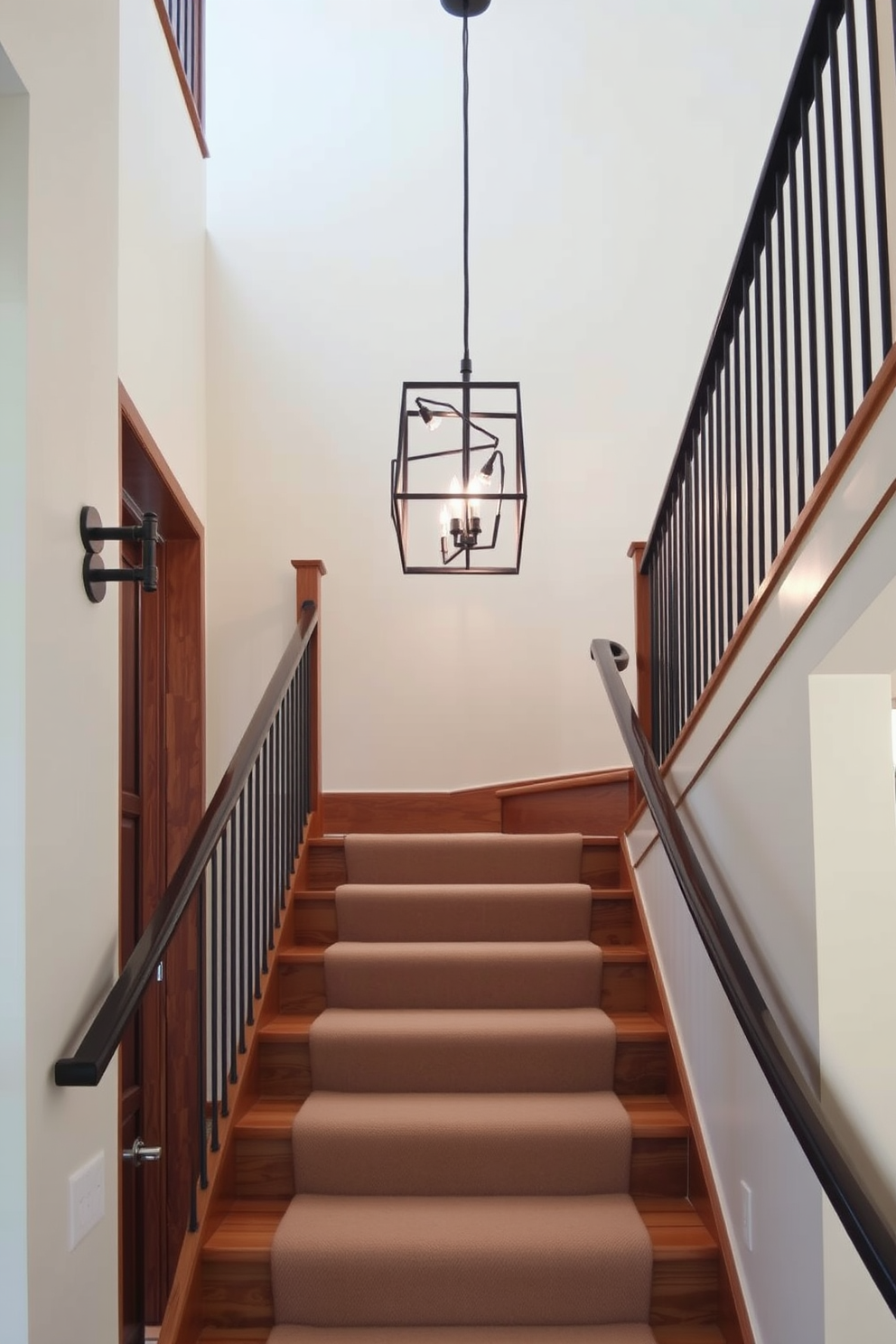 Transitional staircase featuring a blend of wood and metal elements. The handrail is crafted from sleek black metal, while the treads are made of rich oak, creating a warm and inviting atmosphere. The staircase is illuminated by a modern chandelier that hangs gracefully above. Soft, neutral carpeting runs down the center, adding comfort and a touch of elegance to the design.