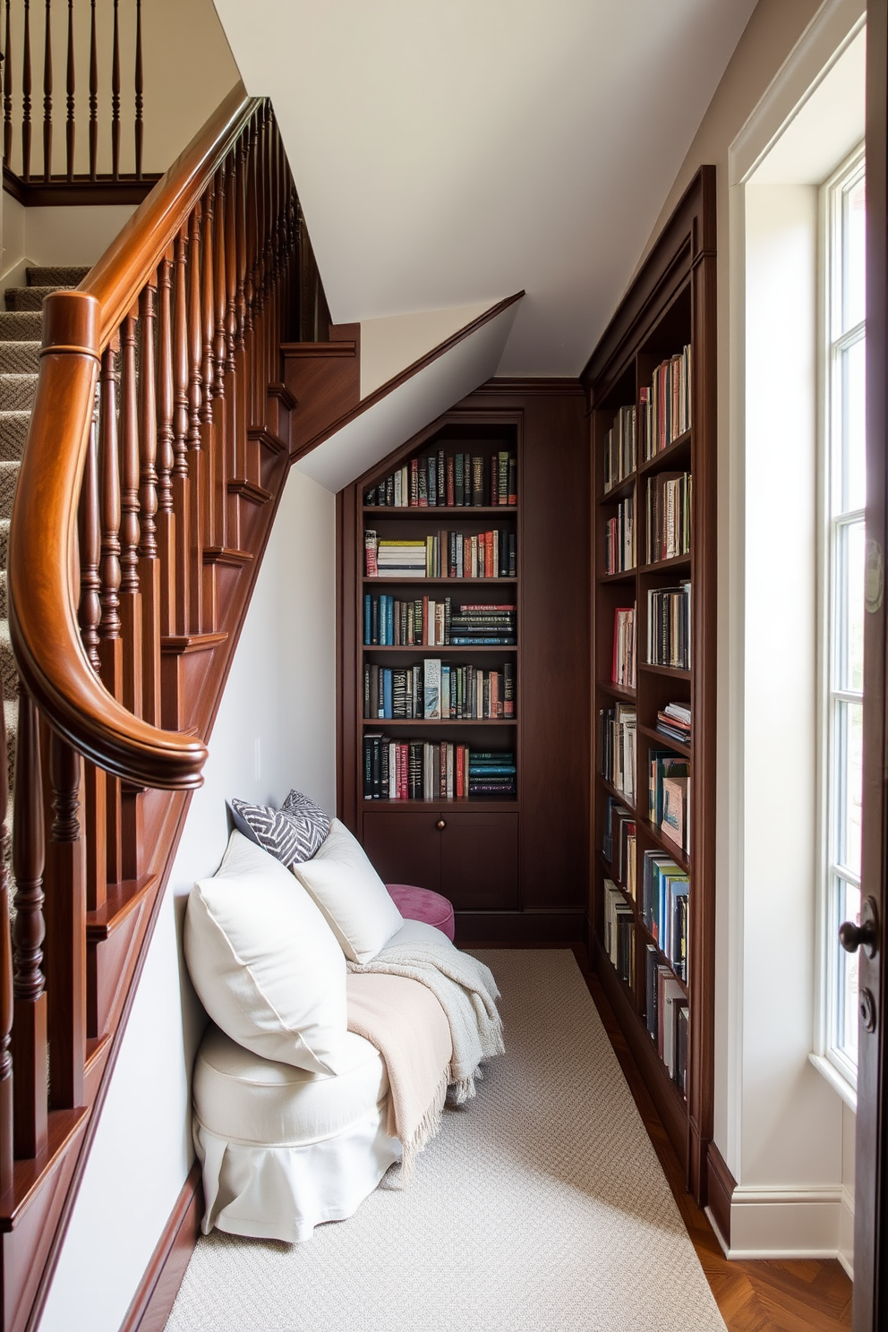 A beautifully designed staircase features a cozy reading nook nestled beneath the stairs. Plush cushions and a soft throw blanket adorn a small bench, while a tall bookshelf filled with books lines the wall. The staircase itself boasts elegant wooden railings and a rich carpet runner that adds warmth to the space. Natural light floods in from a nearby window, illuminating the nook and creating an inviting atmosphere.