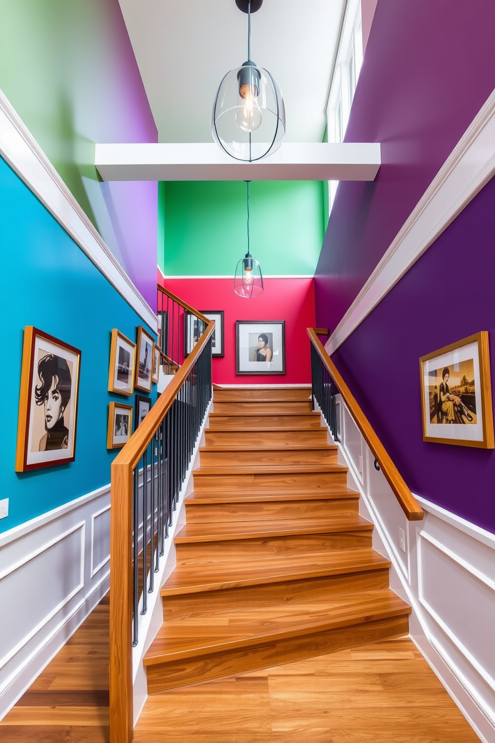 A stunning staircase design featuring vibrant accent walls that create a lively atmosphere. The walls are painted in a mix of bold colors, complementing the sleek wooden handrail and steps. The staircase is illuminated by modern pendant lights that hang gracefully from the ceiling. A collection of framed artwork lines the walls, adding personality and charm to the space.