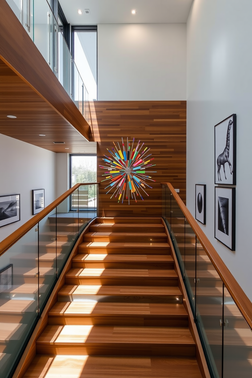 A stunning staircase featuring a sleek wooden design with a glass railing that allows natural light to flow through. At the center, a modern art installation made of metal and vibrant colors adds a bold focal point to the space. The staircase is illuminated by strategically placed recessed lighting that highlights the art piece. The walls are adorned with minimalist artwork, creating a cohesive and stylish atmosphere on the second floor.