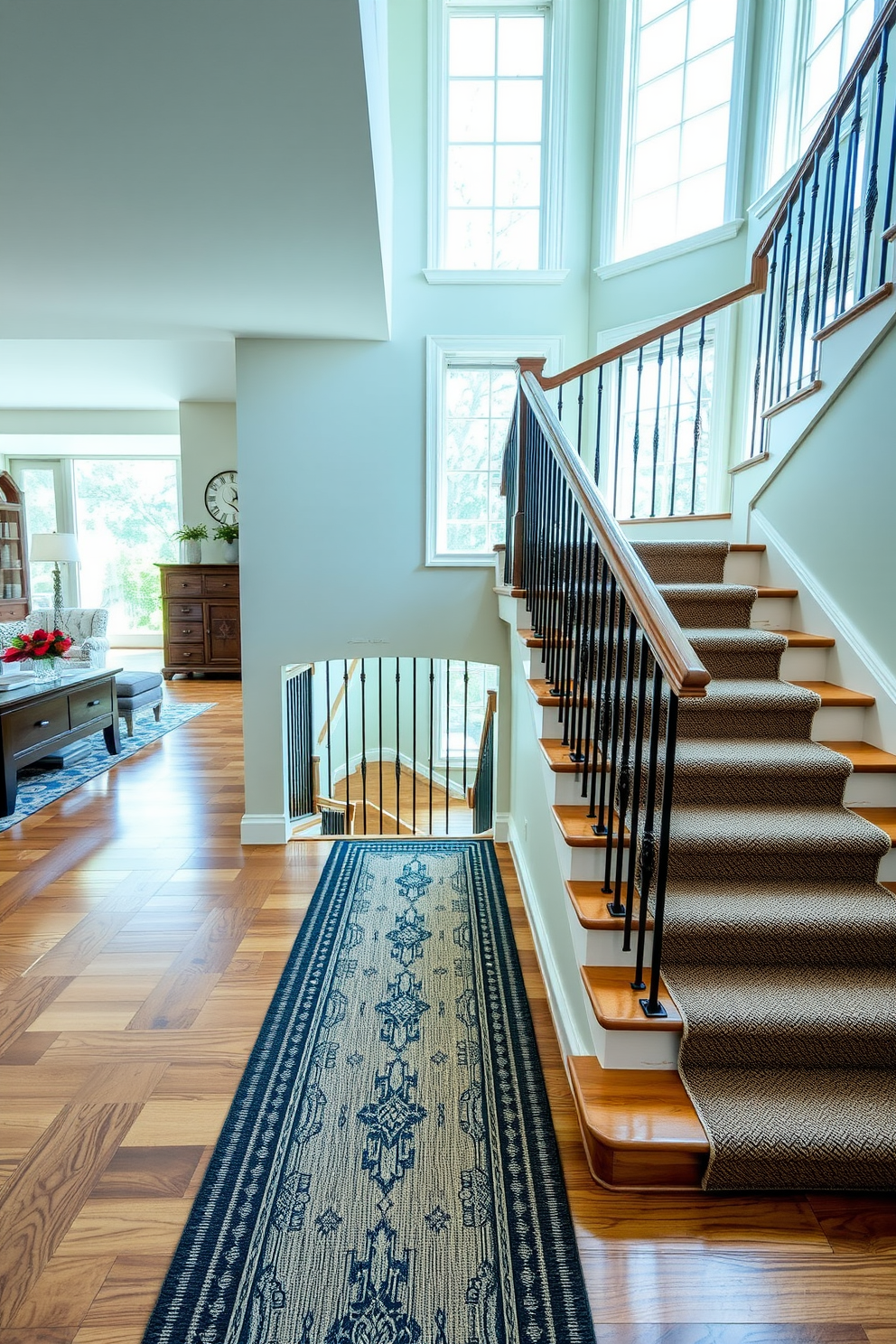 A stunning staircase featuring a chic runner carpet that adds warmth and texture. The elegant runner is adorned with a geometric pattern, complementing the polished wooden steps and the bright, airy atmosphere of the space. The second floor staircase showcases a blend of modern and classic elements. Large windows allow natural light to flood in, highlighting the intricate details of the railing and the stylish runner that guides the way up.