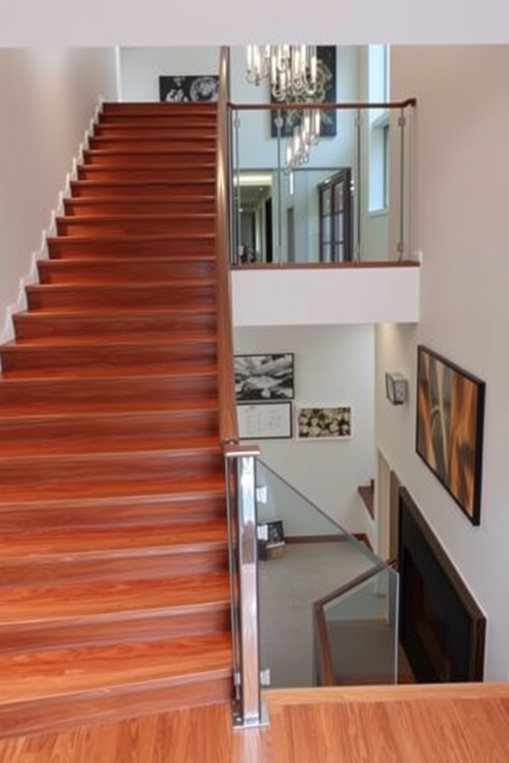 An elegant L-shaped staircase features open risers that create a sense of spaciousness and light. The treads are made of rich hardwood, complemented by a sleek glass railing that enhances the modern aesthetic. On the second floor, the staircase design incorporates a stylish landing area with decorative lighting. The walls are adorned with contemporary art, adding visual interest and warmth to the space.