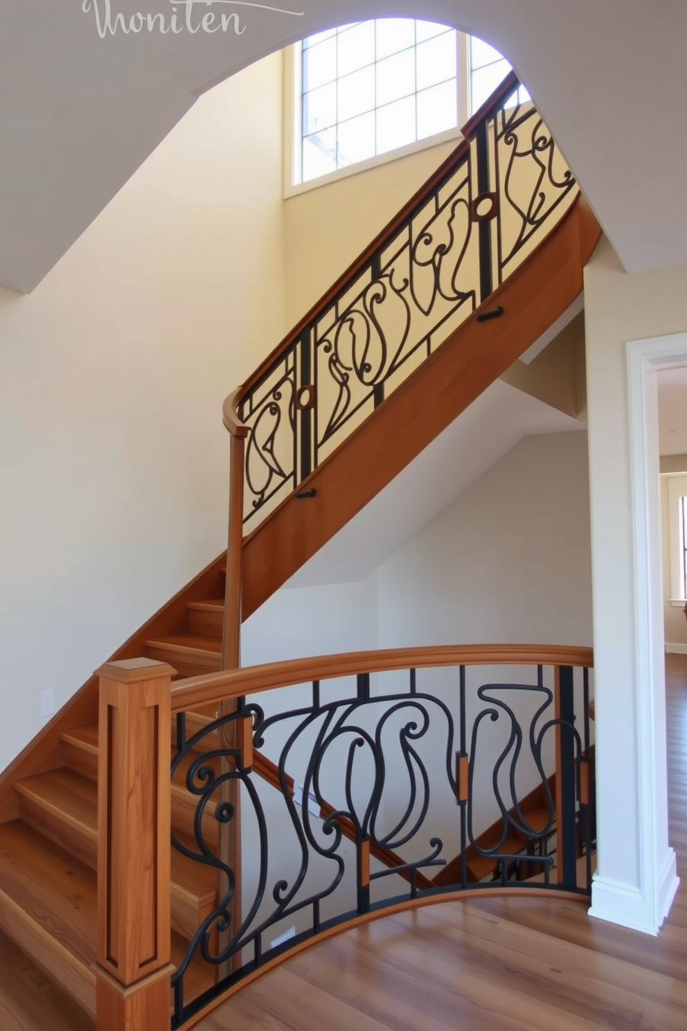 A stunning staircase features a unique railing pattern that combines geometric shapes and elegant curves. The wood and metal elements of the railing create a striking contrast against the light-colored walls, enhancing the overall aesthetic of the space. The second floor staircase design showcases a blend of functionality and artistry. Natural light floods the area through a large window, illuminating the intricate details of the railing and the smooth wooden steps.