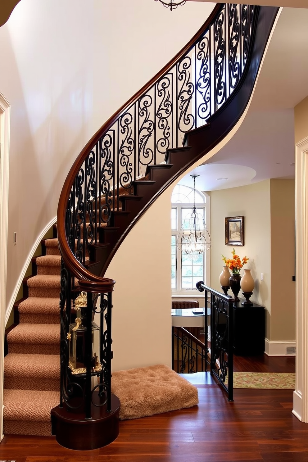 A stunning curved staircase with elegant wrought iron details gracefully ascends to the second floor. The staircase features a rich wooden handrail that complements the intricate ironwork, creating a striking focal point in the entryway. The second floor staircase design showcases a blend of modern and classic elements. Soft lighting highlights the curves of the staircase, while a plush runner adds warmth and comfort to the steps.