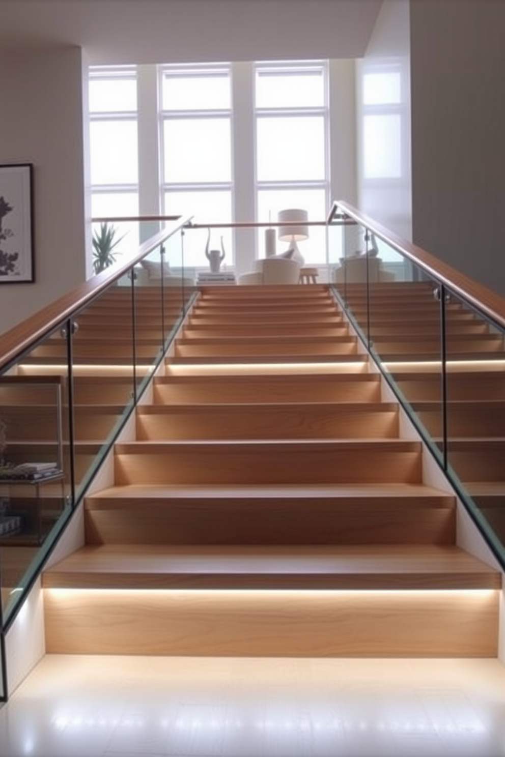 A modern staircase design featuring sleek wooden steps with integrated LED lighting that illuminates each tread. The railing is made of glass, providing an open and airy feel while allowing light to flow through the space. The staircase leads to a spacious second floor, showcasing a minimalist aesthetic with neutral tones and stylish decor. Large windows on the landing flood the area with natural light, enhancing the overall contemporary design.