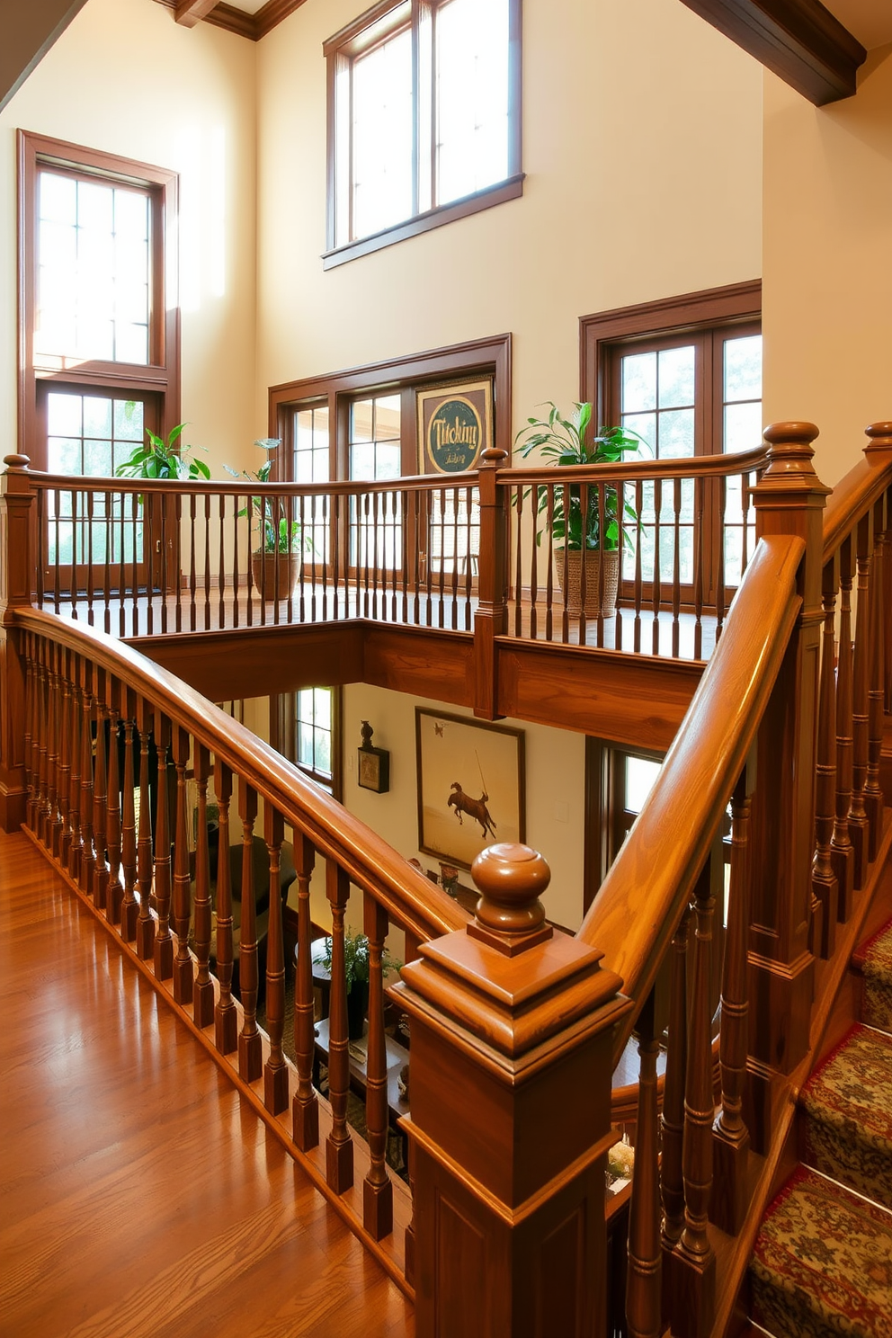 A classic wooden staircase features an elegant balustrade with intricate detailing and polished handrails. The warm tones of the wood complement the surrounding decor, creating a timeless and inviting atmosphere. On the second floor, the staircase design incorporates a spacious landing with ample natural light streaming through large windows. The use of decorative elements such as potted plants and artwork enhances the aesthetic appeal of the space.