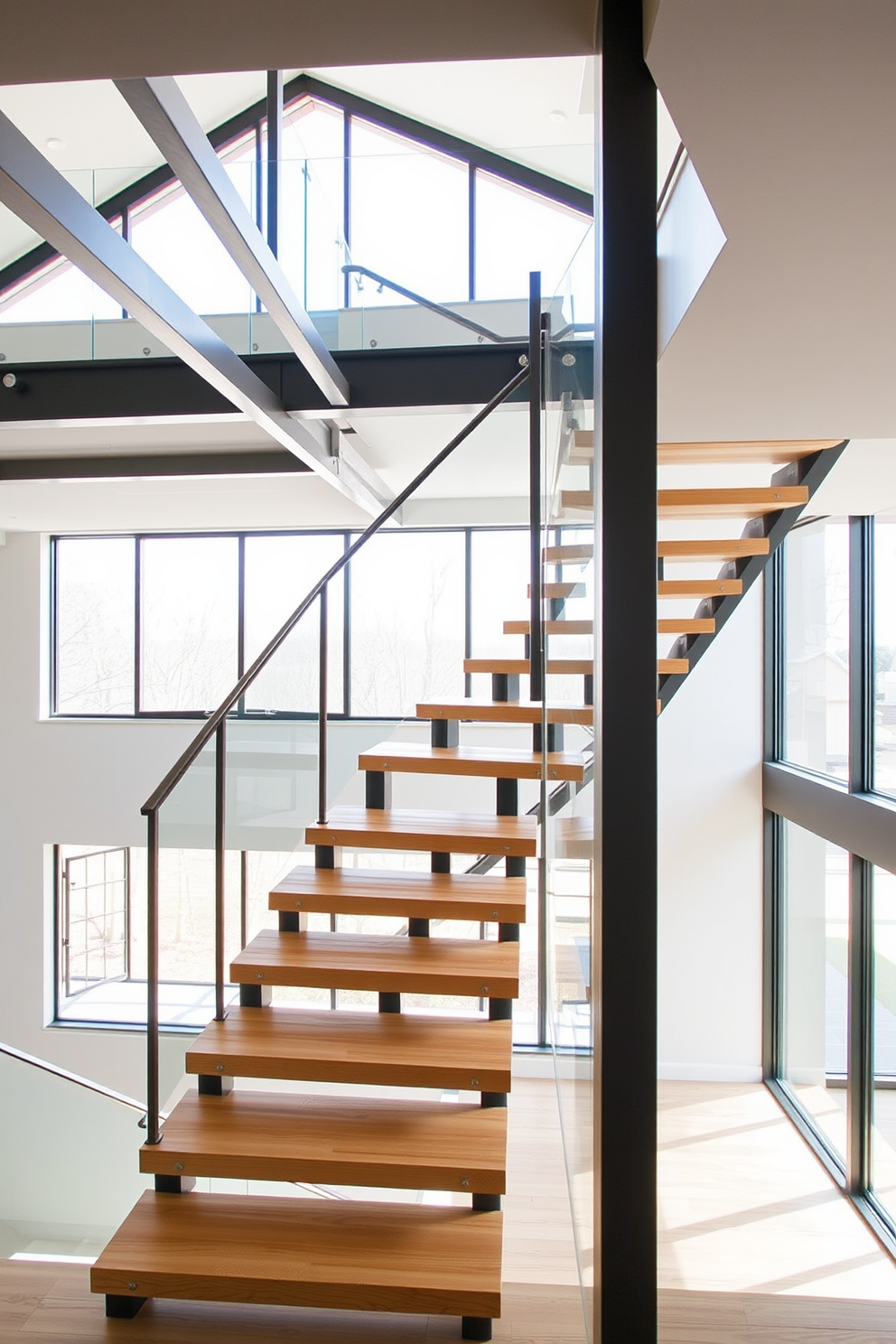 A minimalist staircase design features sleek metal supports that create an airy and open feel. The steps are made of light wood, providing a warm contrast to the metal framework. For second floor staircase design ideas, consider incorporating a floating staircase with glass railings for a modern touch. The use of natural light through large windows enhances the overall aesthetic and functionality of the space.