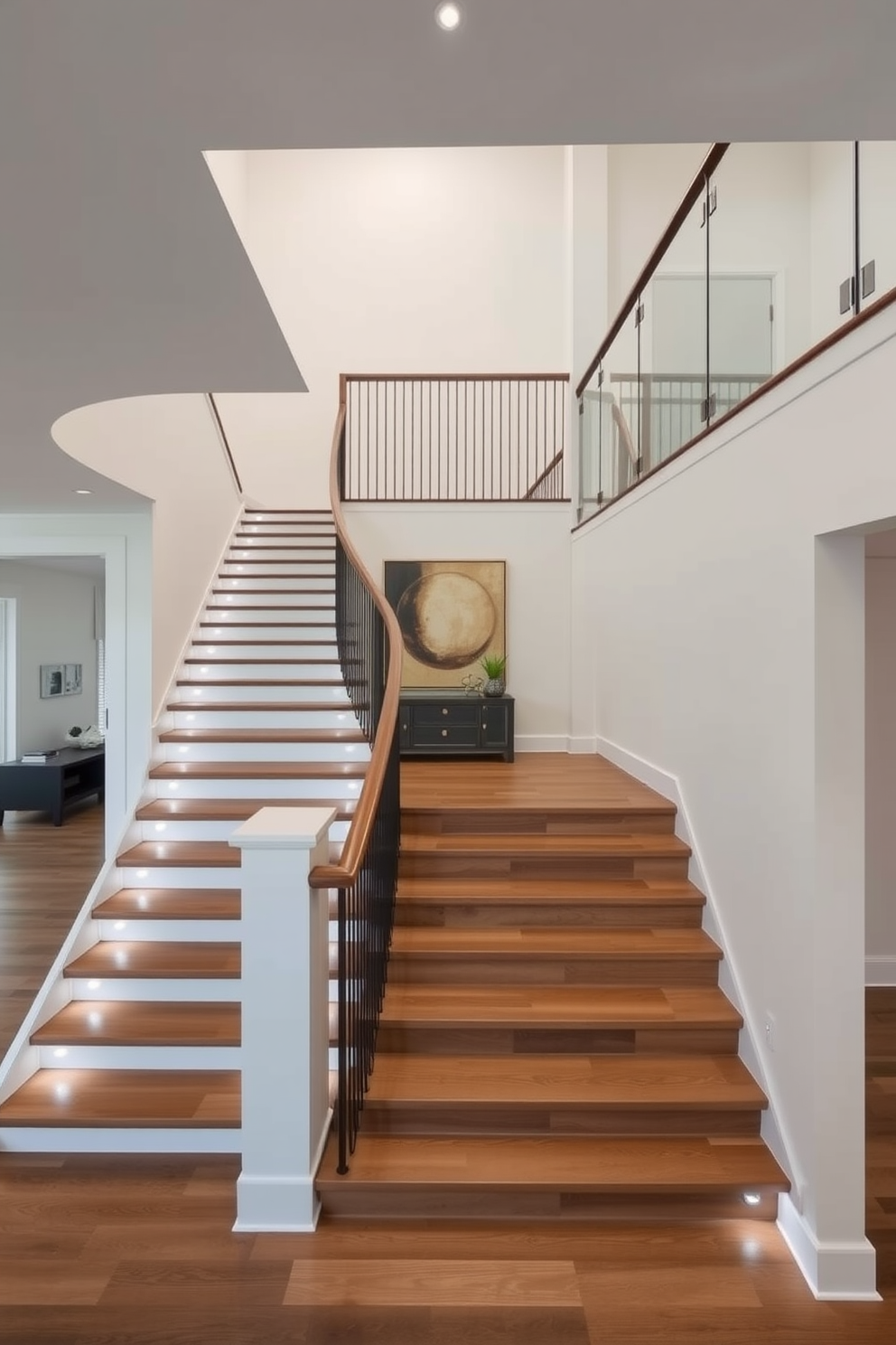 A stunning U-shaped staircase with a spacious landing area features elegant wooden steps and a sleek metal railing. The landing is adorned with a stylish console table and a large piece of artwork that adds character to the space. The second floor staircase design incorporates a modern aesthetic with a glass balustrade and soft LED lighting along the steps. The walls are painted in a light neutral tone, creating a bright and inviting atmosphere that enhances the overall design.