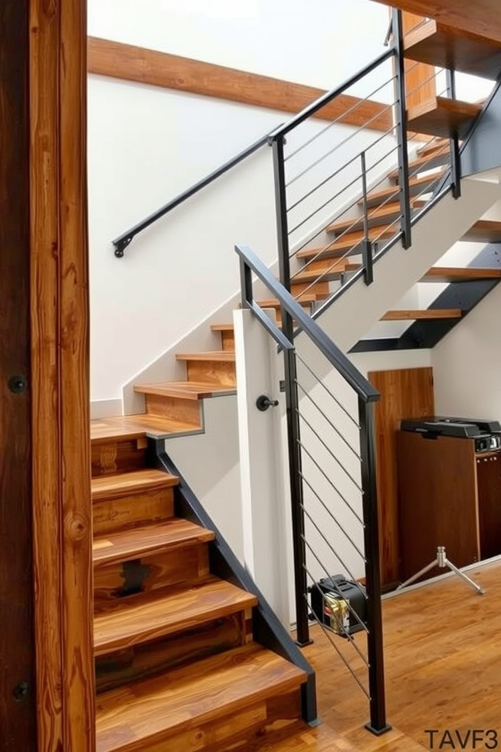 An industrial staircase featuring reclaimed wood steps and metal railings creates a striking focal point in the space. The warm tones of the wood contrast beautifully with the sleek metal, adding character and charm to the overall design. For the second floor, consider a staircase design that incorporates open risers to enhance the sense of space and light. The combination of natural wood and industrial elements provides a modern yet inviting atmosphere.