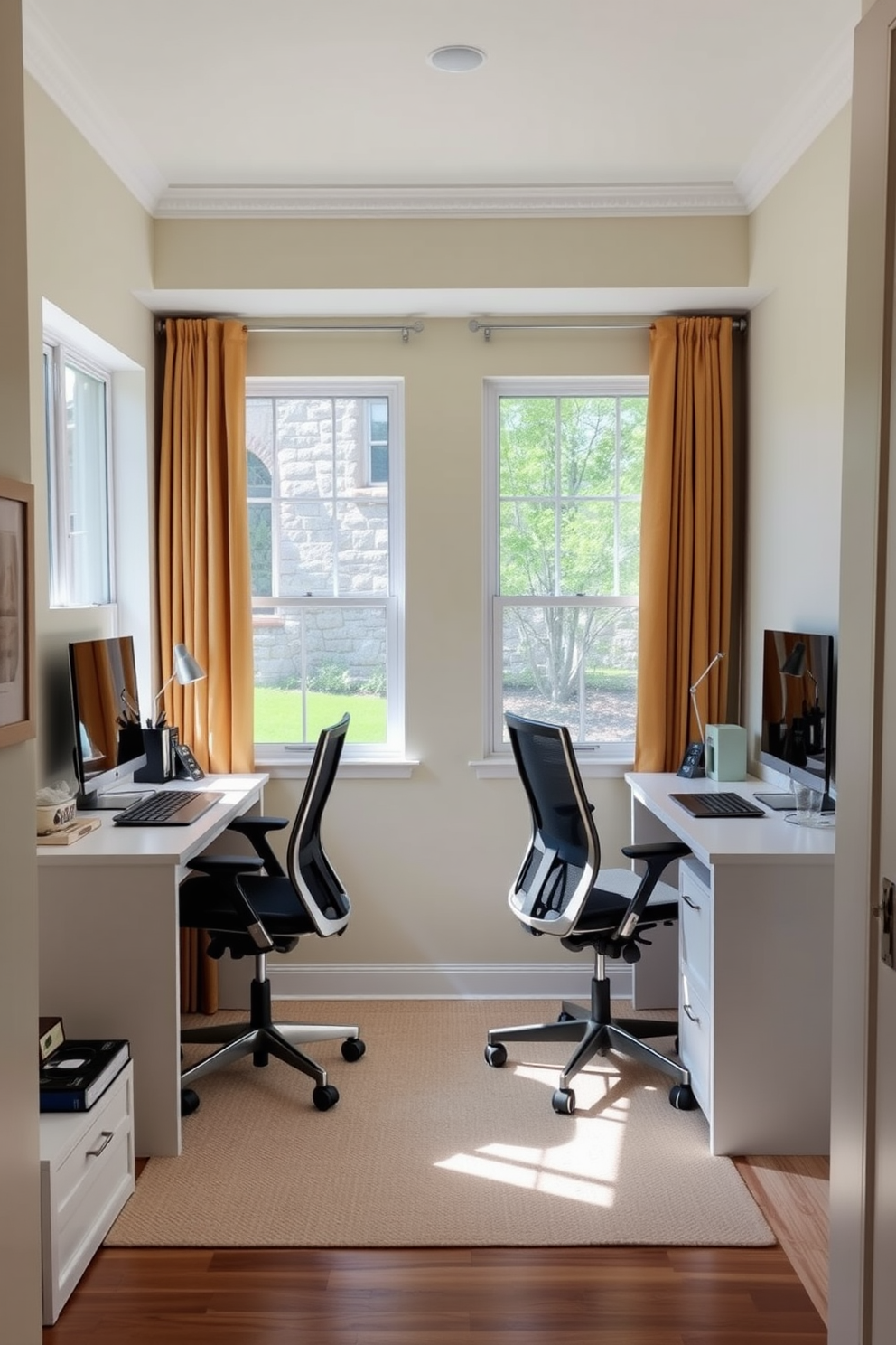 Cozy nook featuring dual desks designed for collaboration. Each desk has a modern ergonomic chair and is adorned with stylish desk accessories. The walls are painted in a soft pastel color, creating a warm and inviting atmosphere. Large windows allow natural light to flood the space, complemented by warm-toned curtains.