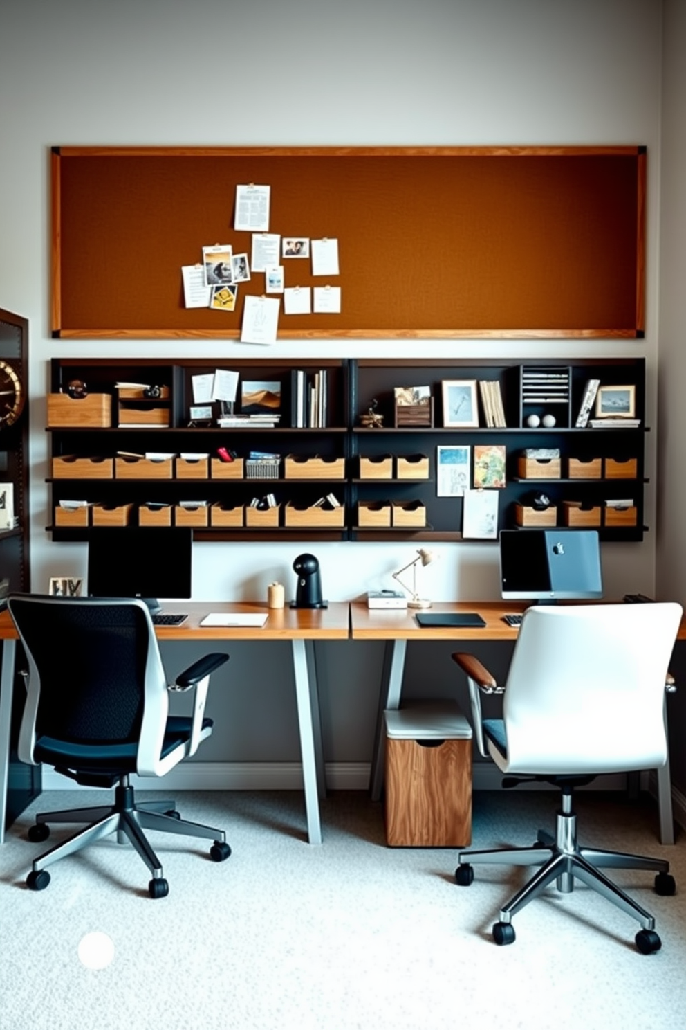 A stylish shared home office featuring wall-mounted organizers to maximize floor space. The organizers are made of sleek wood and metal, creating a modern aesthetic while keeping supplies neatly arranged. The workspace includes two ergonomic desks positioned side by side, each with comfortable chairs and ample lighting. A large bulletin board above the desks displays important notes and inspirational images, enhancing productivity and creativity.