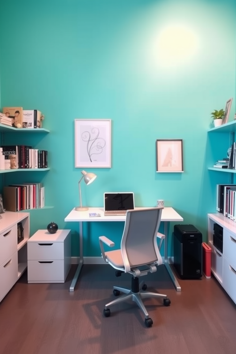 Bright accent wall to inspire creativity. The wall is painted in a vibrant turquoise, creating an energizing atmosphere for work and collaboration. In the center of the room, a sleek white desk is paired with a comfortable ergonomic chair. Shelves filled with books and decorative items line the walls, adding personality and warmth to the space.