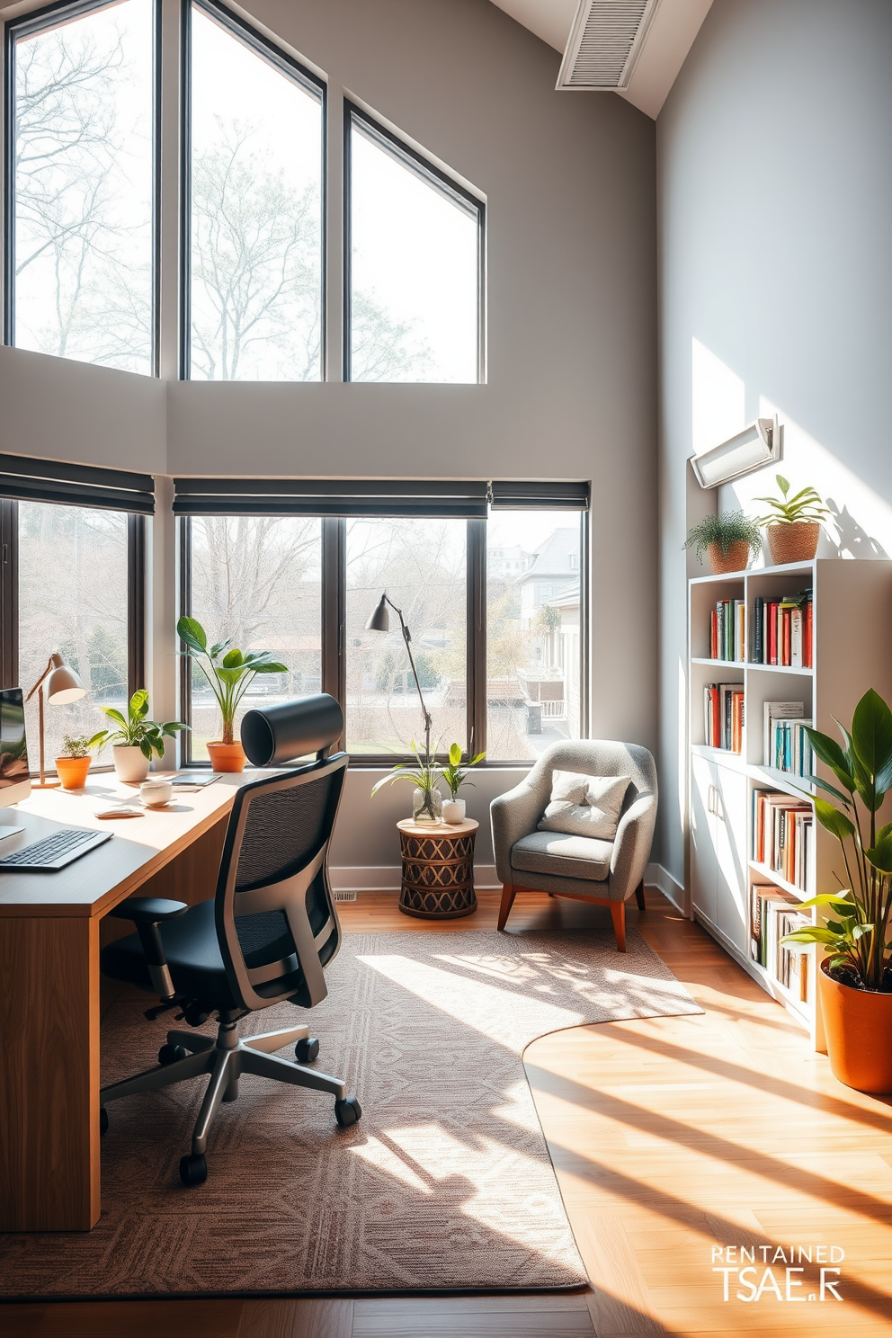 A shared office space designed for collaboration and comfort. On one side, a large wooden desk accommodates two ergonomic chairs, while the opposite corner features a cozy reading nook with a plush armchair and a small bookshelf filled with various books. Natural light floods the room through large windows, enhancing the warm color palette of soft grays and earthy tones. Decorative plants add a touch of greenery, and a stylish rug anchors the seating area, creating an inviting atmosphere for work and relaxation.