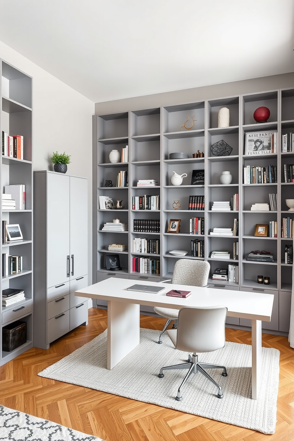 A modern home office with vertical storage solutions to maximize space. The walls are lined with sleek, open shelving units filled with books and decorative items, while a large desk sits in the center, featuring a minimalist design. To the left of the desk, a tall cabinet provides additional storage for office supplies, blending seamlessly with the overall decor. The color palette consists of soft grays and warm woods, creating a calming and productive environment.