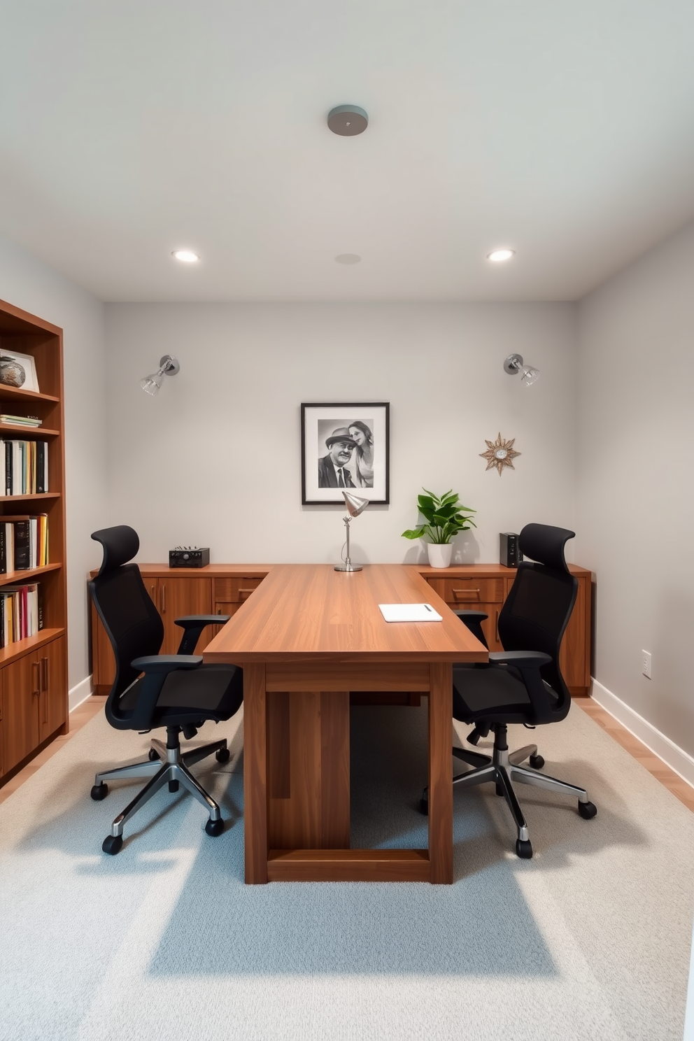 A shared home office features a large wooden desk positioned centrally, with ergonomic chairs on either side. Adjustable lighting fixtures are installed above, allowing for both focused task lighting and softer ambient illumination. The walls are painted in a calming light gray, creating a serene work environment. Shelves filled with books and decorative items line one side, while a potted plant adds a touch of greenery to the space.