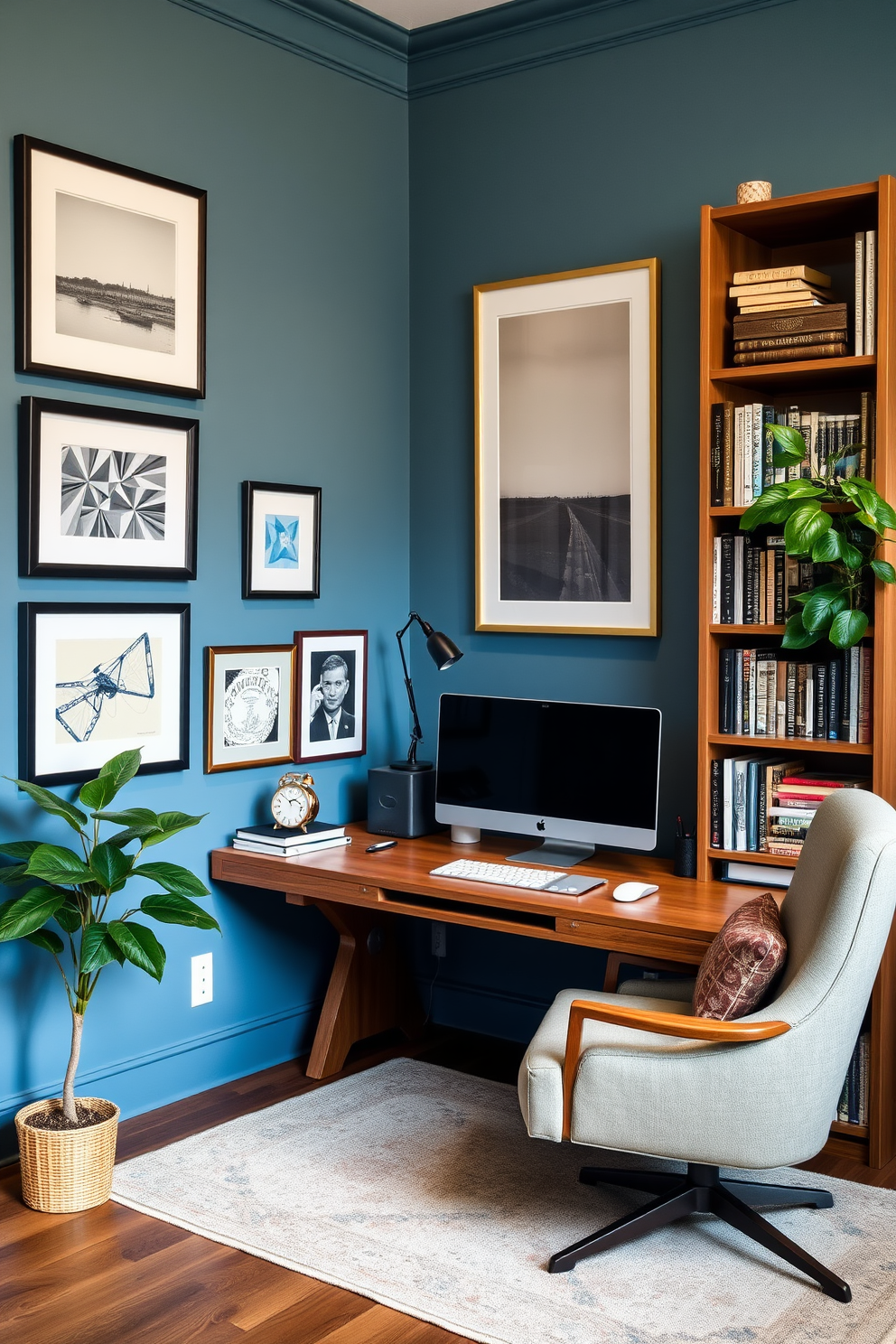 A stylish home office that blends functionality with personal touches. A large wooden desk sits against the wall, adorned with a sleek computer and organized stationery, while a cozy armchair in the corner invites reading and relaxation. The walls are painted in a soft blue hue, creating a calm atmosphere, and are adorned with framed artwork that reflects the owner's personality. A tall bookshelf filled with books and decorative items adds character, and a lush potted plant brings a touch of nature into the space.