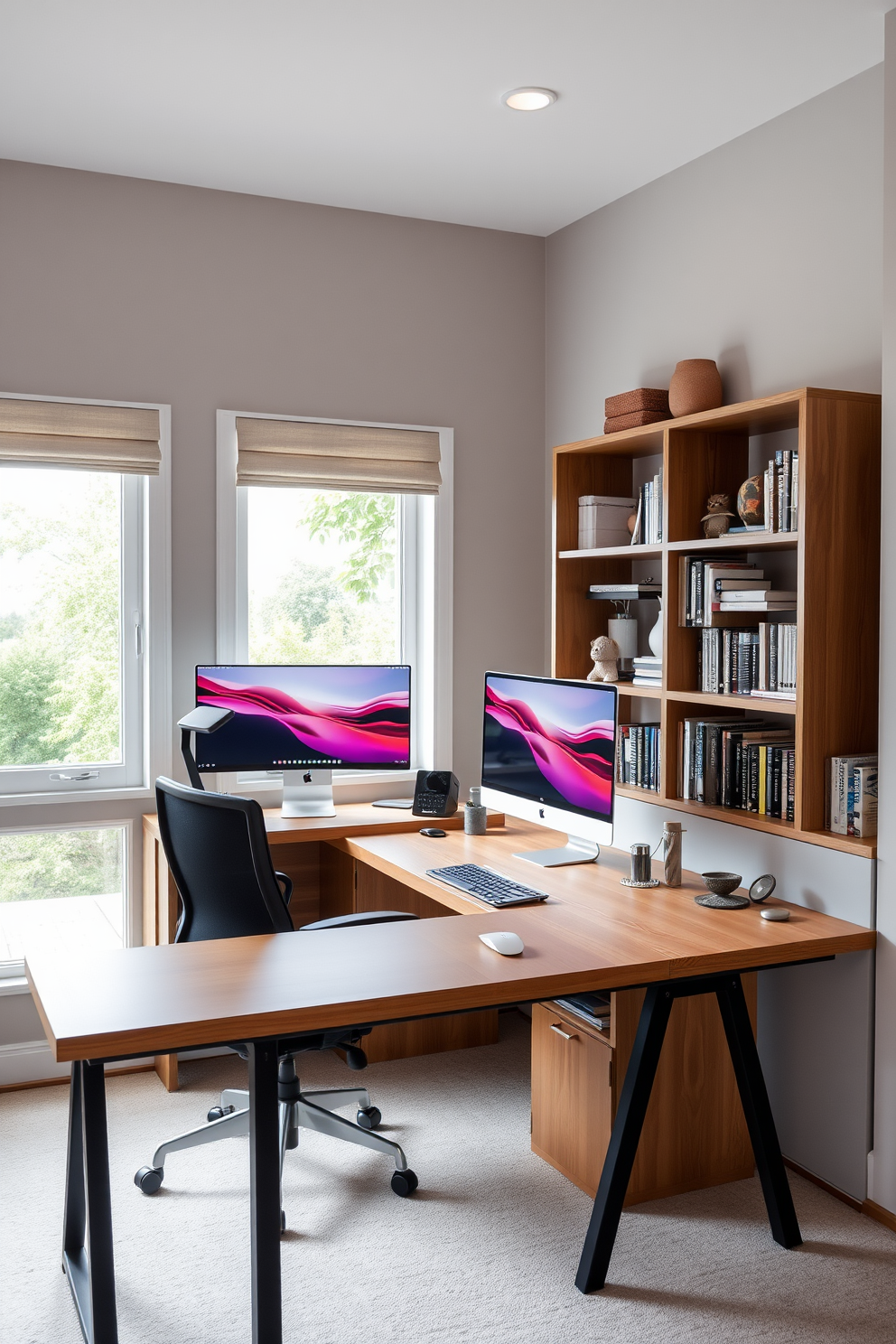 A modern home office featuring dual monitors positioned on a sleek wooden desk. The space is accented with a comfortable ergonomic chair and stylish shelving units filled with books and decorative items. The walls are painted in a calming light gray, creating a serene atmosphere for work. A large window allows natural light to flood the room, enhancing the overall productivity of the space.