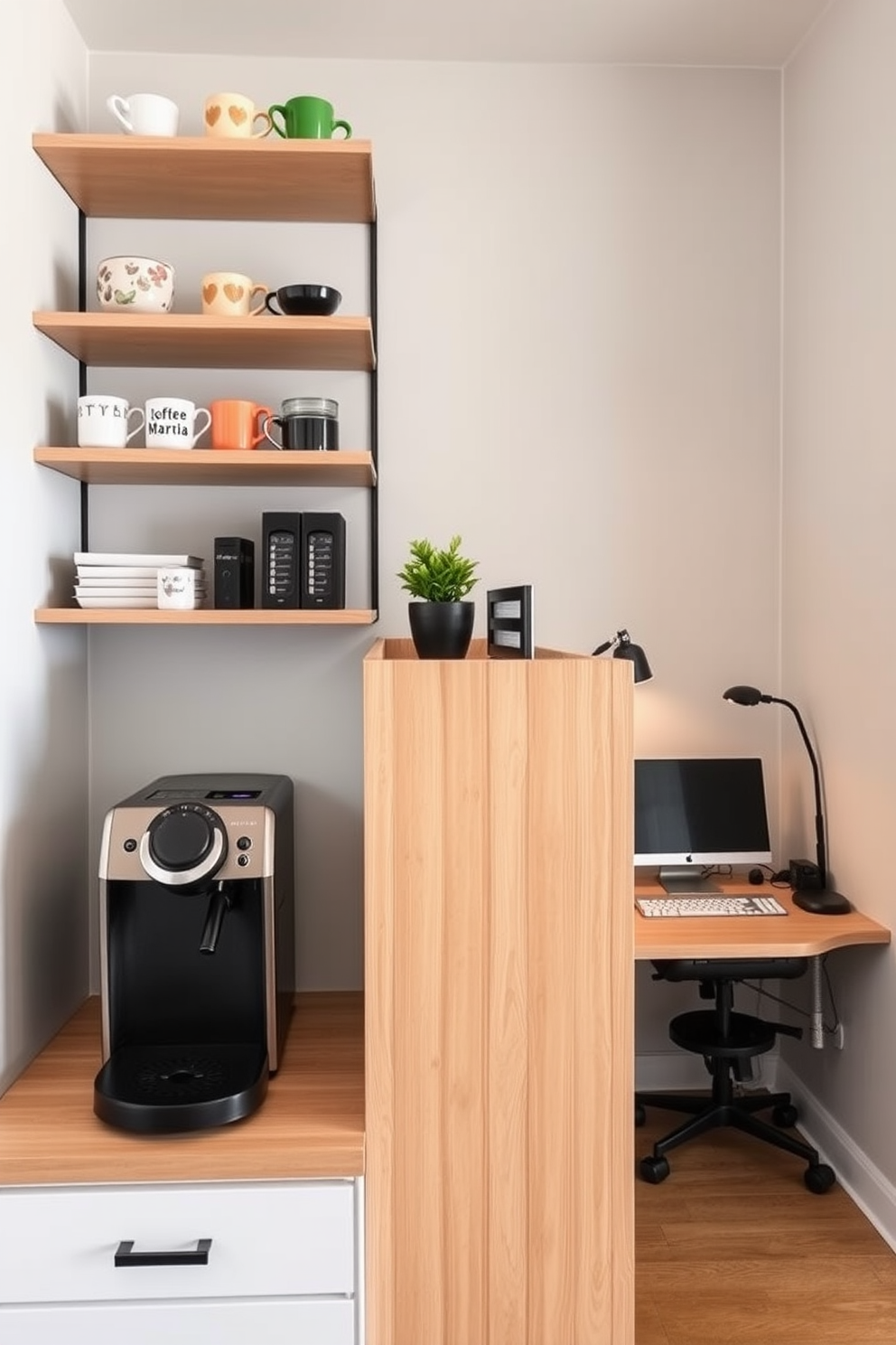 Create a cozy coffee station that features a sleek espresso machine on a wooden countertop. Above the counter, open shelves display colorful mugs and coffee accessories, while a small potted plant adds a touch of greenery. Design a shared home office that maximizes space and functionality. Include two ergonomic desks facing each other, with a stylish partition between them for privacy, and incorporate ample storage solutions to keep the area organized.