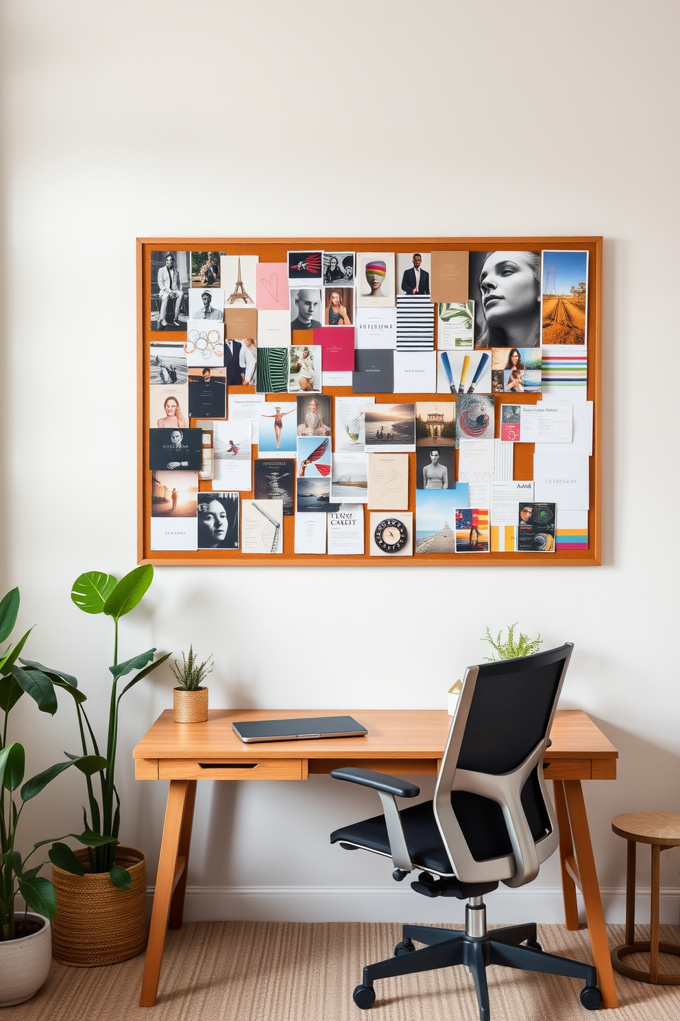 A large bulletin board is mounted on the wall, filled with an array of inspiring images, fabric swatches, and color palettes. Below the board, a sleek wooden desk is paired with an ergonomic chair, creating a functional workspace that encourages creativity. On one side of the room, a cozy reading nook features a plush armchair and a small side table, perfect for taking breaks. The walls are painted in a soft neutral tone, while accents of greenery from potted plants bring life to the space.