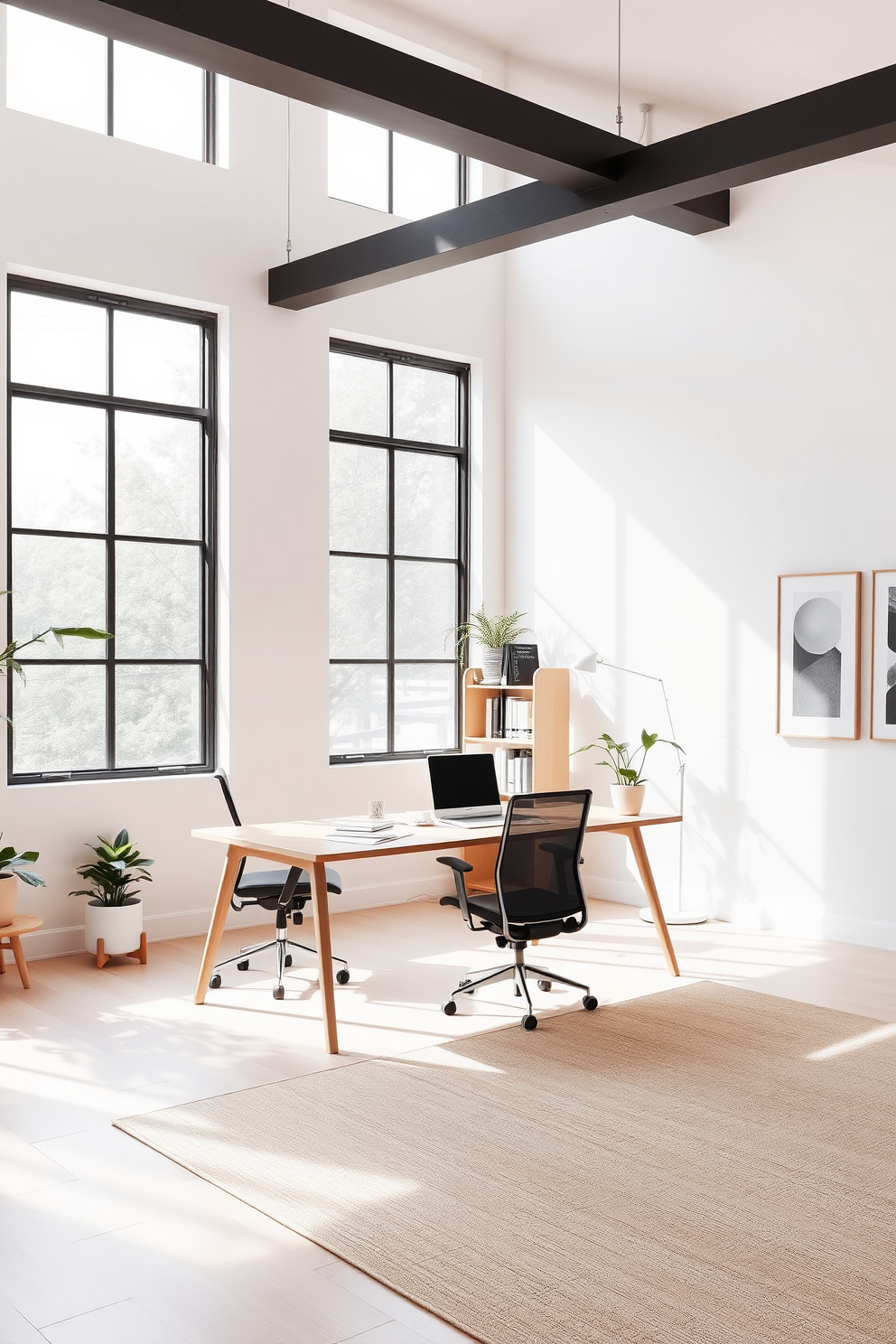 A minimalist shared workspace featuring large windows that allow ample natural light to flood the room. The space includes a sleek wooden desk with two ergonomic chairs and a simple bookshelf filled with plants and books. The walls are painted in a soft white color, creating a calm and inviting atmosphere. A large rug in neutral tones adds warmth to the floor, while a few framed artworks provide a touch of personality.