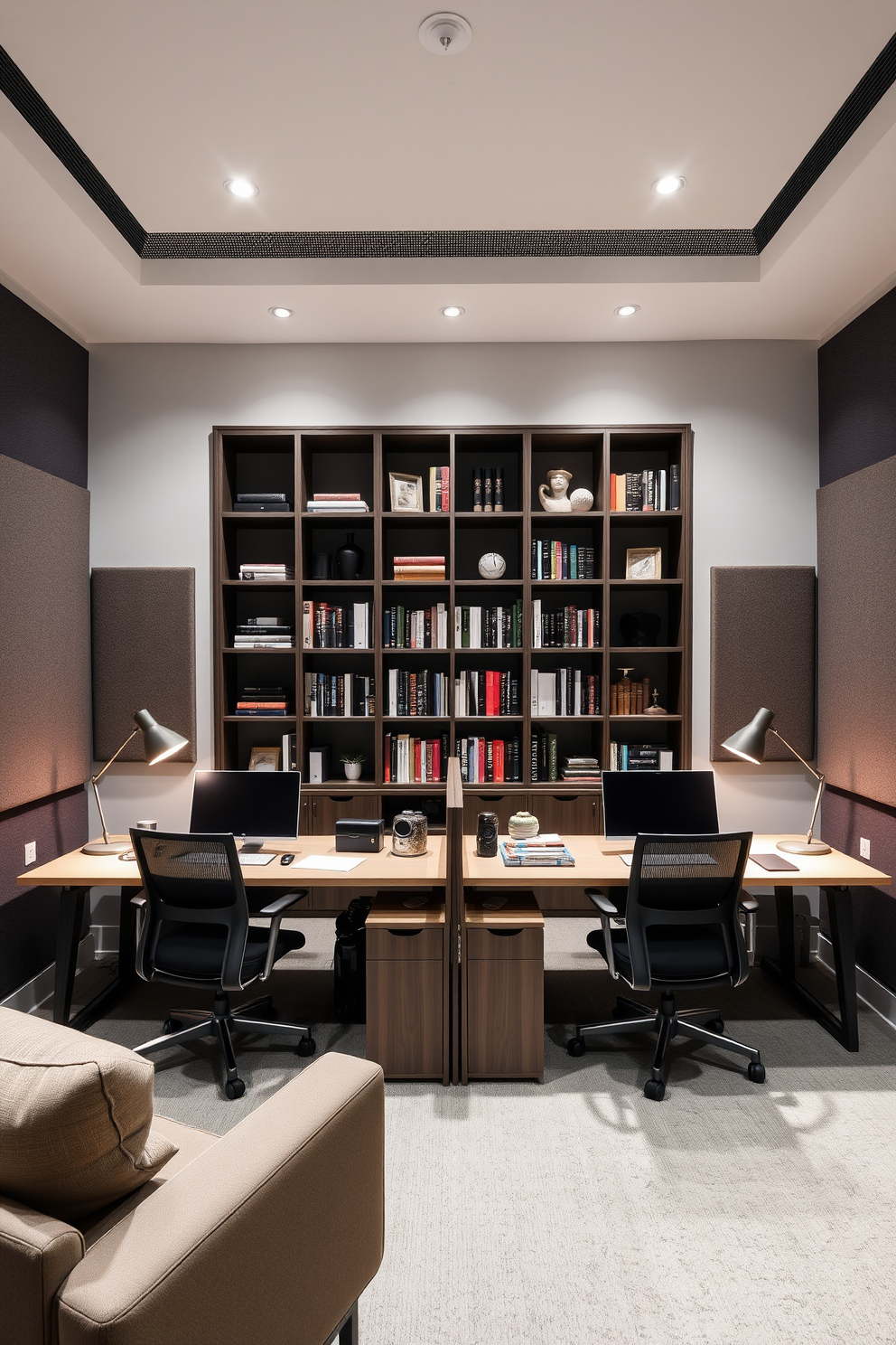 A modern shared home office featuring soundproofing elements for enhanced focus. The room includes two ergonomic desks positioned opposite each other, each adorned with stylish desk lamps and organized stationery. The walls are lined with acoustic panels in a soothing color to minimize noise. A large bookshelf filled with books and decorative items separates the workspaces, providing both functionality and aesthetic appeal.