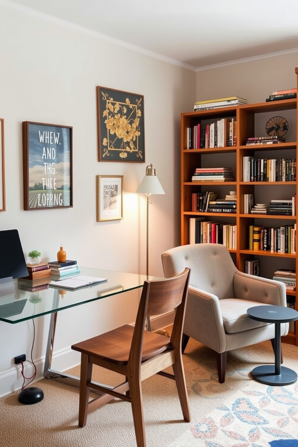 A shared home office featuring a blend of modern and vintage furniture styles. A sleek glass desk is paired with a rustic wooden chair, while a mid-century bookshelf stands against the wall filled with books and decorative items. The color palette includes soft neutrals and pops of vibrant colors for a lively atmosphere. A cozy reading nook is created with a plush armchair and a small side table, inviting relaxation amidst productivity.