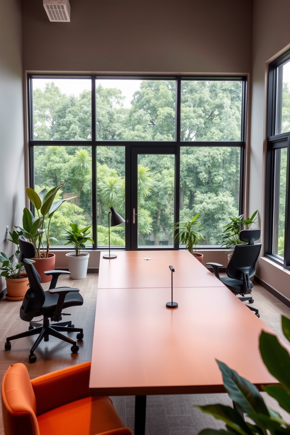 A modern shared office space featuring large windows that overlook a lush green landscape. The room has a sleek wooden desk in the center, flanked by comfortable ergonomic chairs and stylish desk lamps. The walls are painted in a soft gray tone, creating a calming atmosphere. Potted plants are strategically placed around the room, adding a touch of nature and freshness to the design.