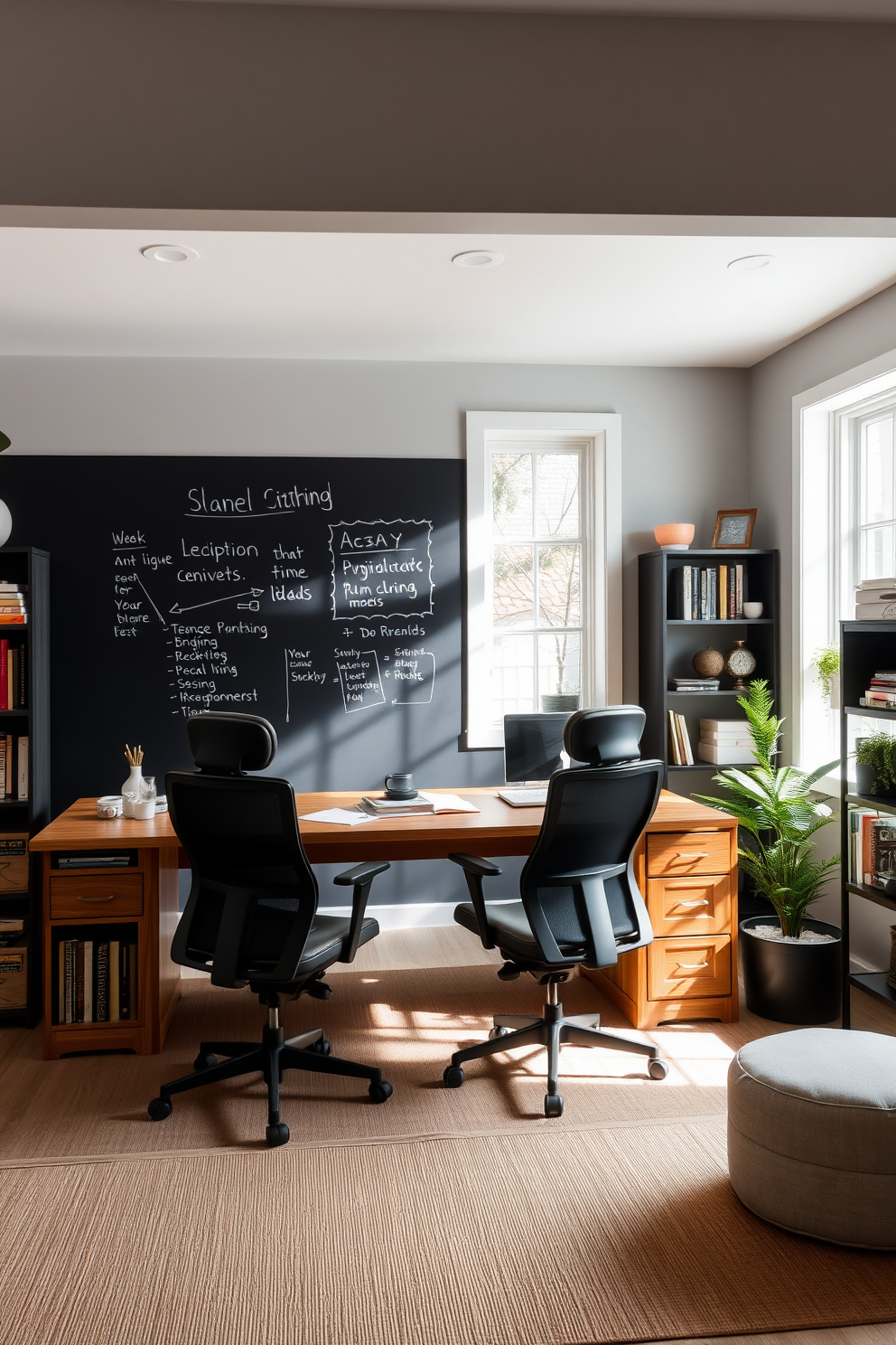 A modern shared home office with a chalkboard wall for brainstorming and ideas. The space features a large wooden desk with two comfortable ergonomic chairs, surrounded by shelves filled with books and decorative items. Natural light floods the room through large windows, creating an inviting atmosphere. The walls are painted in a soft gray, while the floor is covered with a warm, neutral-toned area rug.